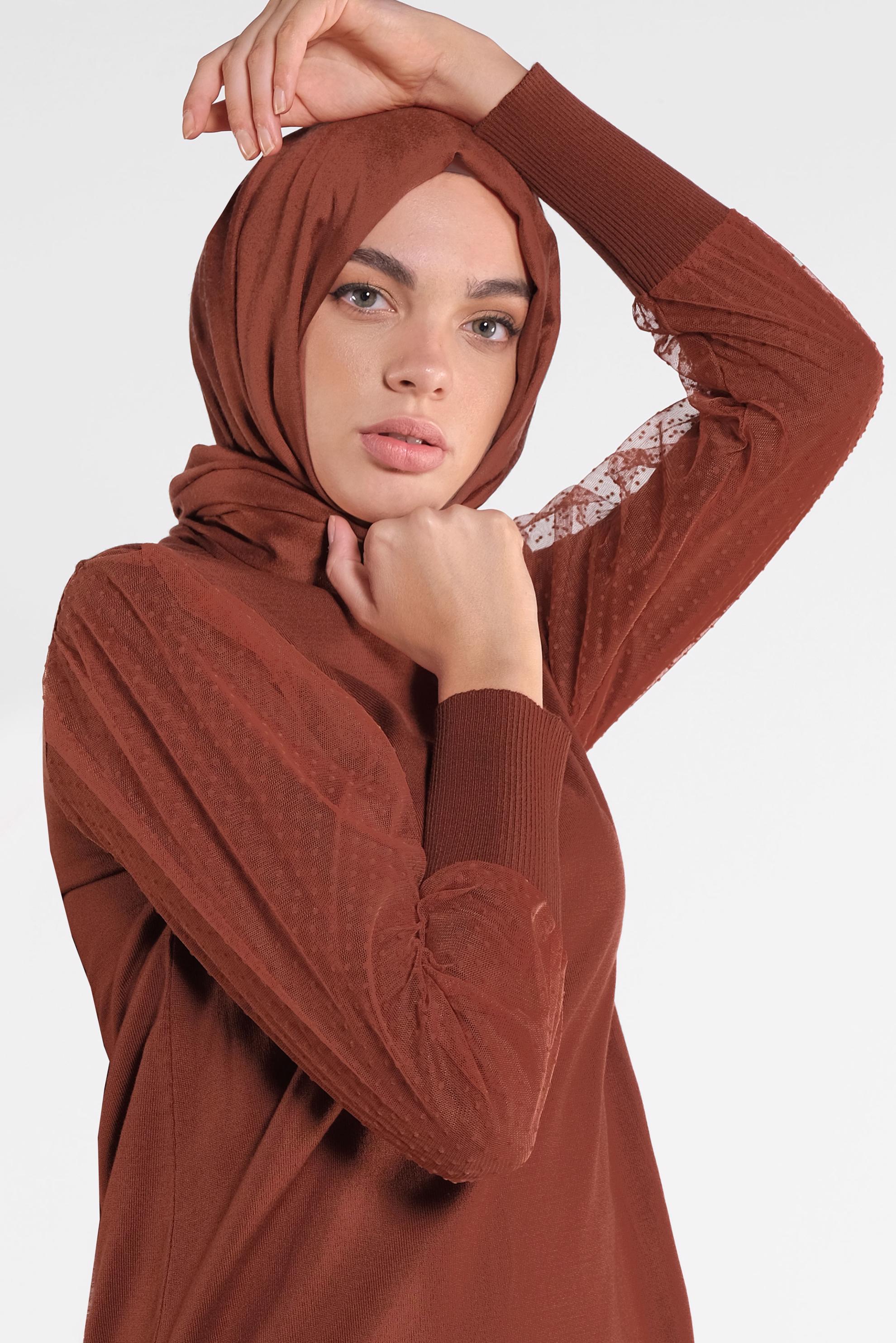 Tesettür giyim TURUNCU PUANTİYE TÜL DETAYLI TRİKO TUNİK 41017