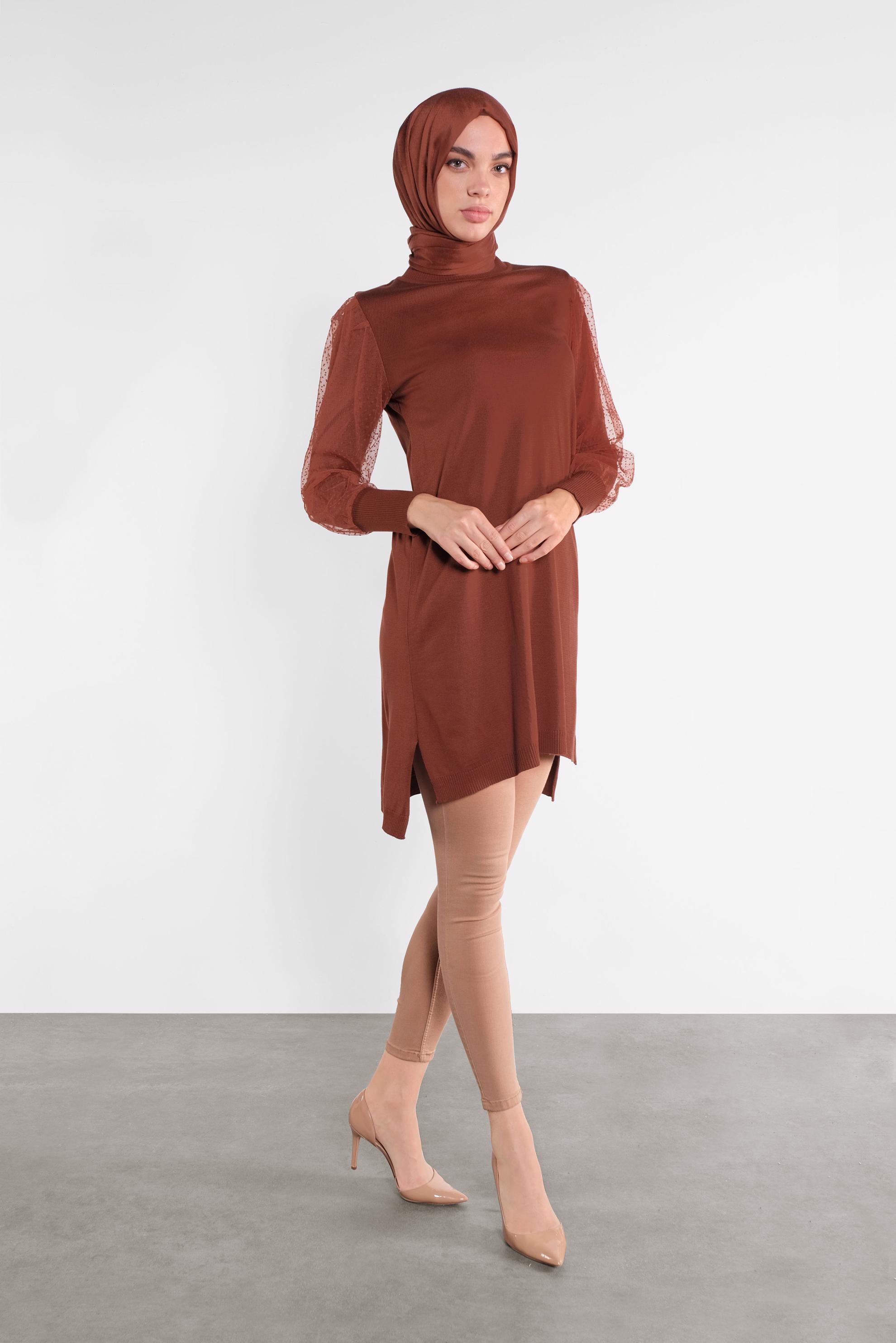 Tesettür giyim TURUNCU PUANTİYE TÜL DETAYLI TRİKO TUNİK 41017