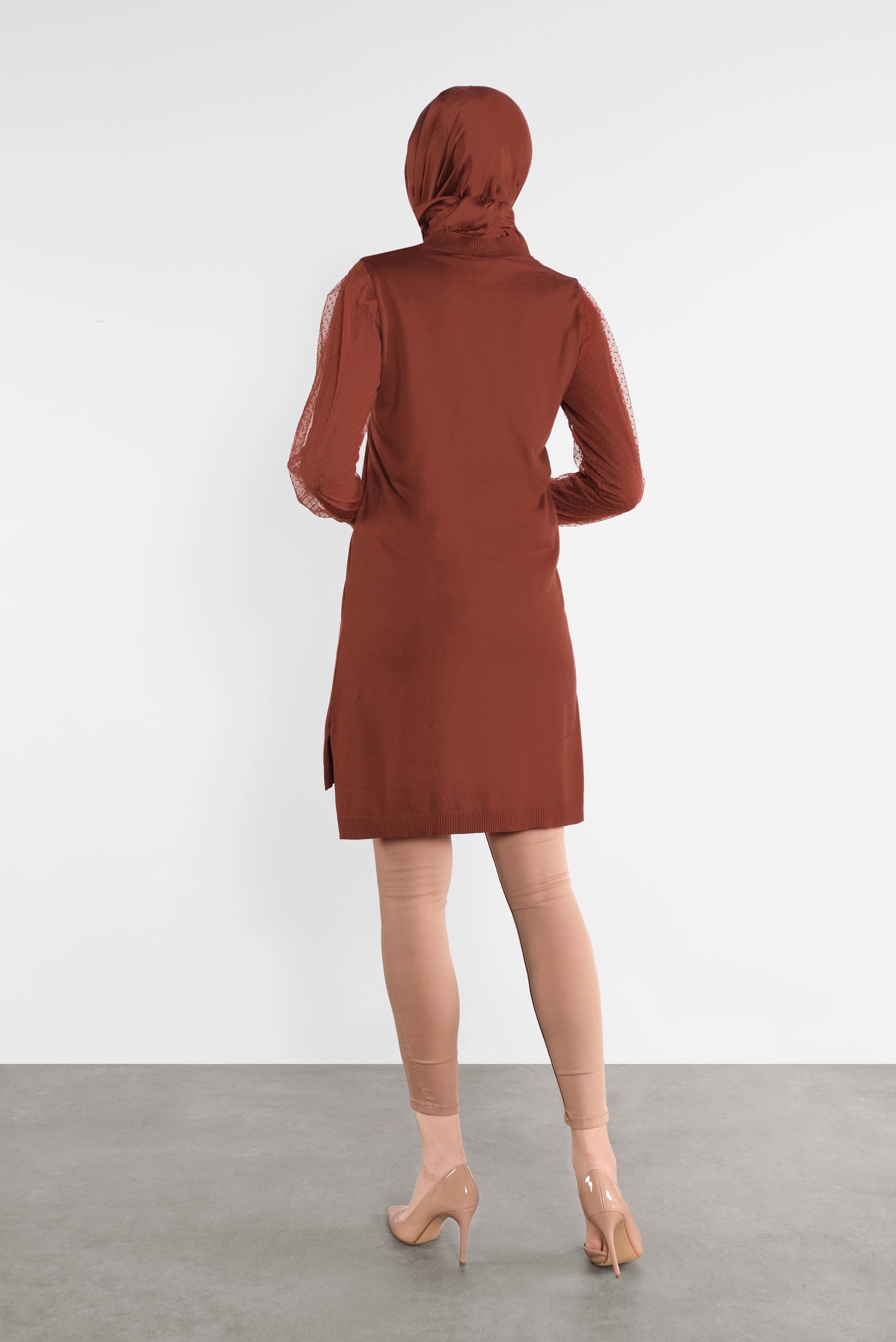 Tesettür giyim TURUNCU PUANTİYE TÜL DETAYLI TRİKO TUNİK 41017