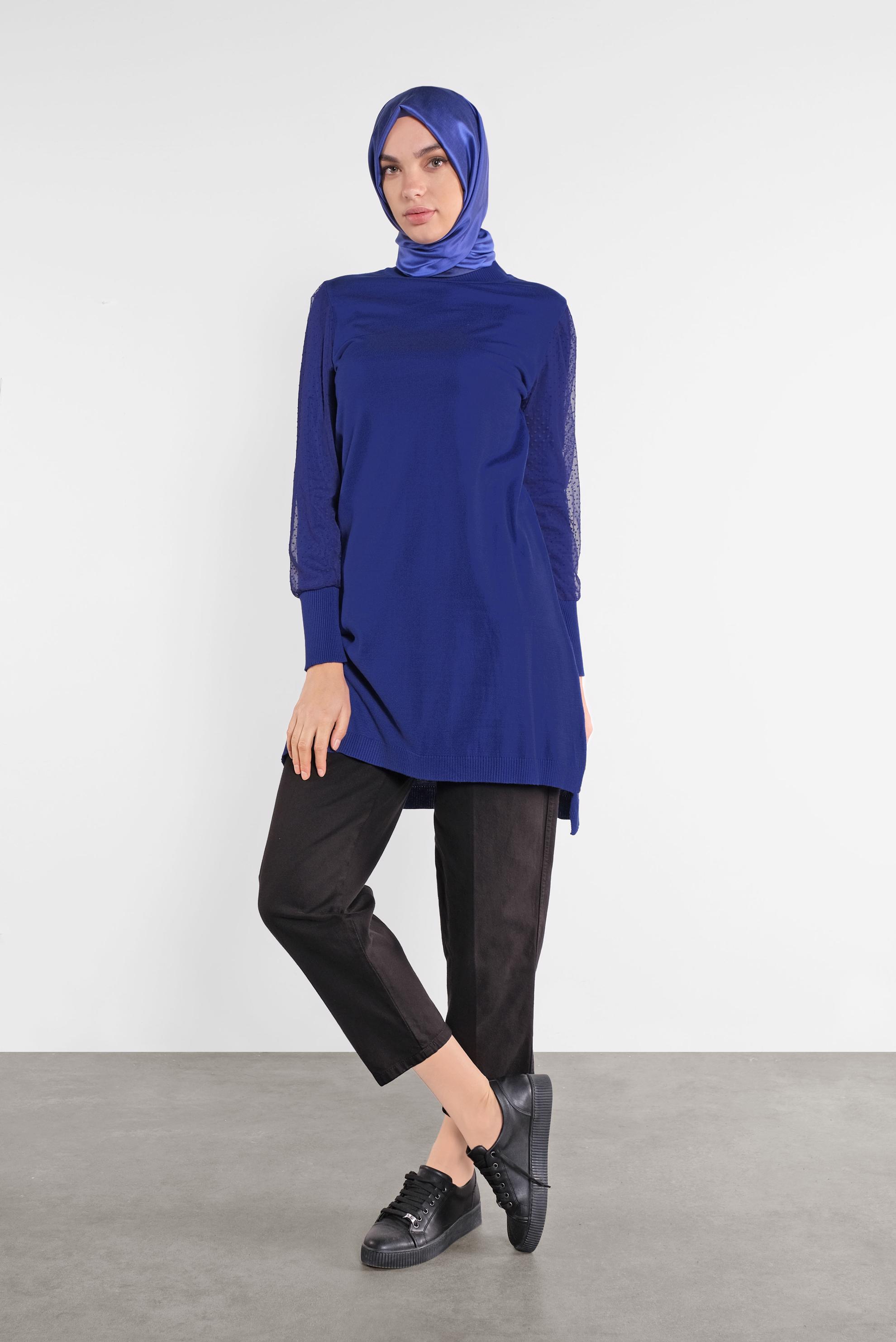 Tesettür giyim LACİVERT PUANTİYE TÜL DETAYLI TRİKO TUNİK 41017