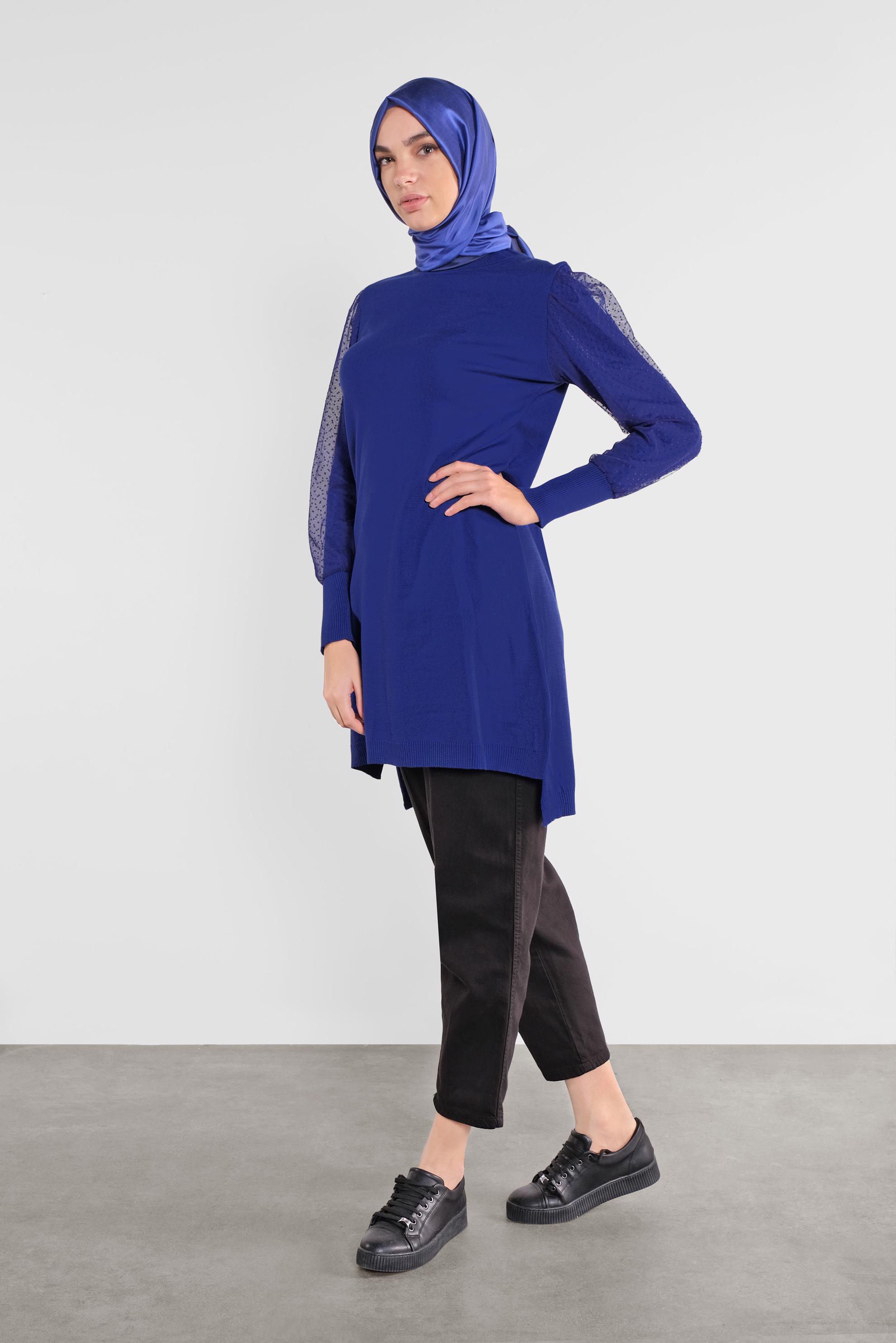 Tesettür giyim LACİVERT PUANTİYE TÜL DETAYLI TRİKO TUNİK 41017