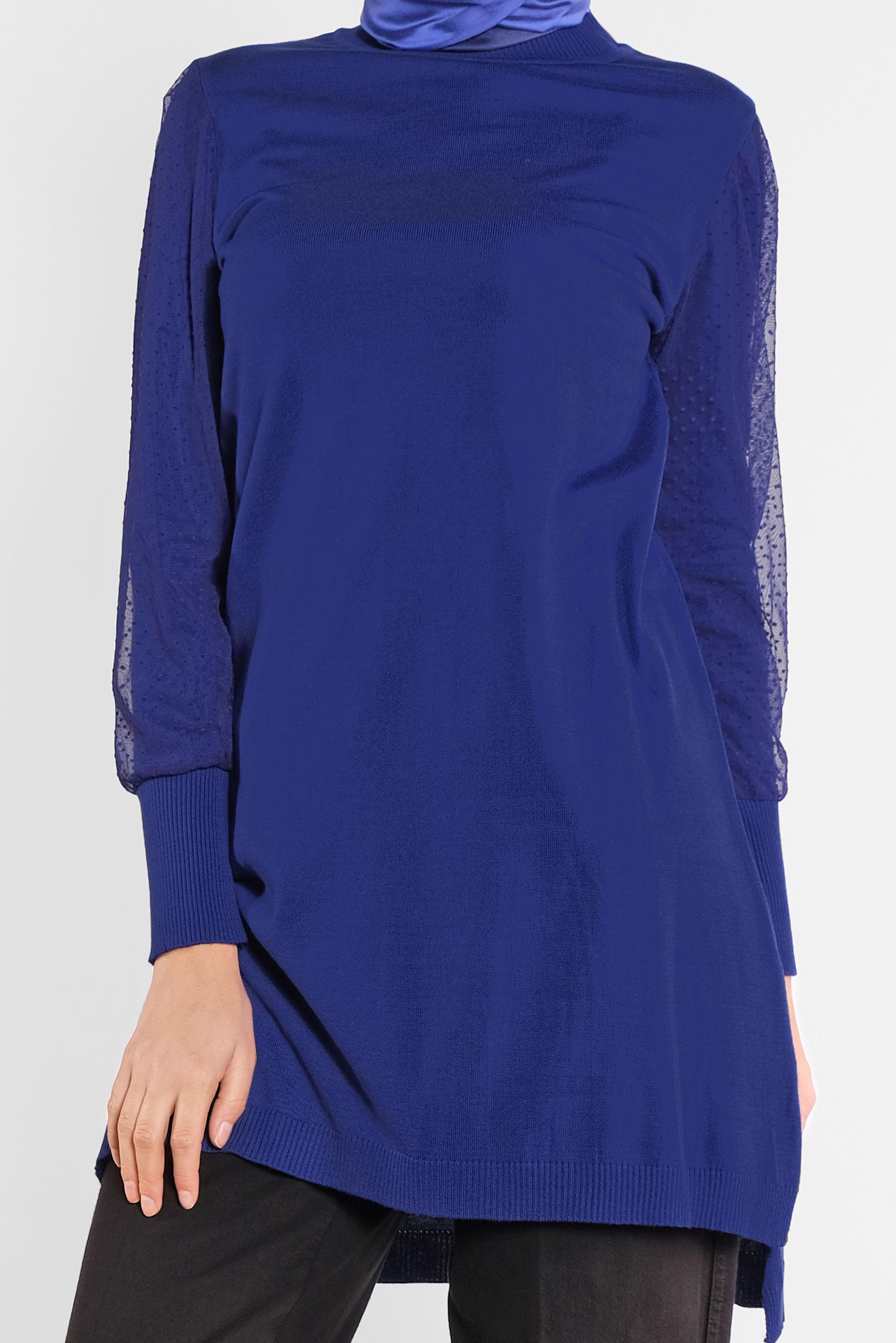 Tesettür giyim LACİVERT PUANTİYE TÜL DETAYLI TRİKO TUNİK 41017