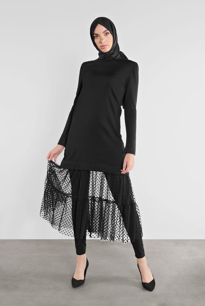 Tesettür giyim  PUANTİYE DESENLİ TÜL DETAYLI TRİKO TUNİK 41018  - ALVİNA