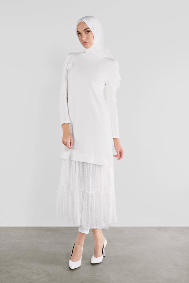 Tesettür giyim  PUANTİYE DESENLİ TÜL DETAYLI TRİKO TUNİK 41018  - ALVİNA