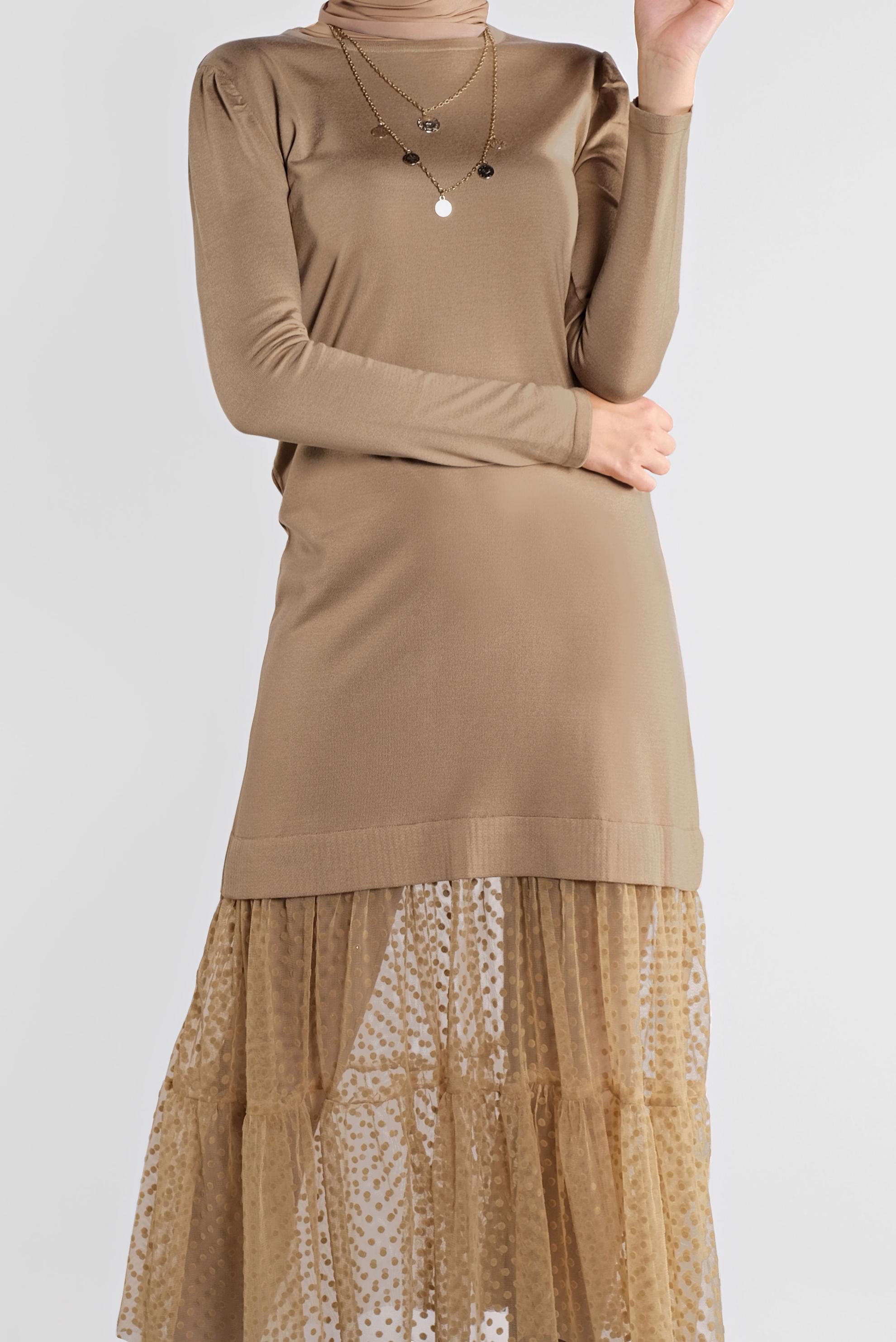 Tesettür giyim KAHVE PUANTİYE DESENLİ TÜL DETAYLI TRİKO TUNİK 41018 