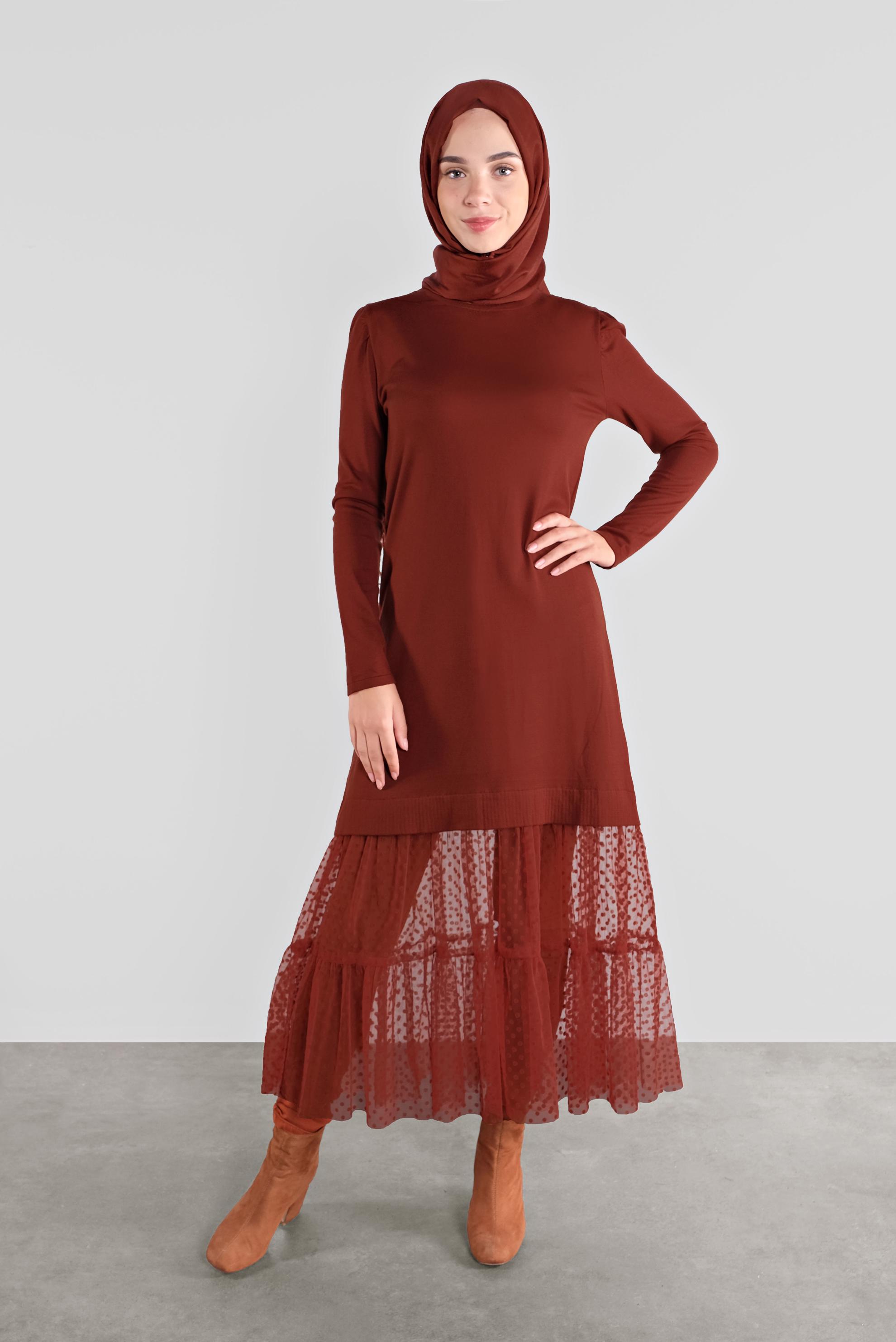 Tesettür giyim TURUNCU PUANTİYE DESENLİ TÜL DETAYLI TRİKO TUNİK 41018 