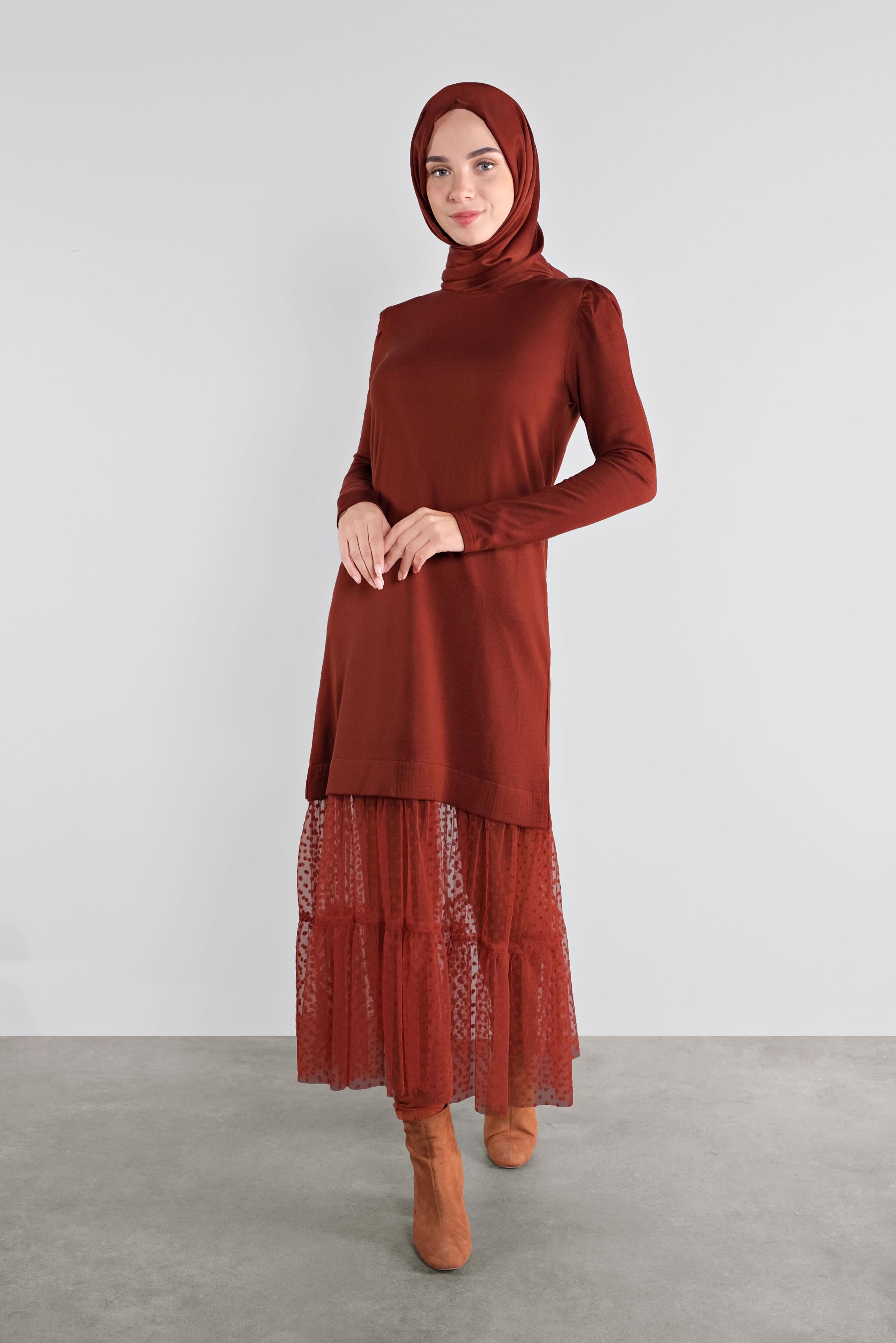 Tesettür giyim TURUNCU PUANTİYE DESENLİ TÜL DETAYLI TRİKO TUNİK 41018 