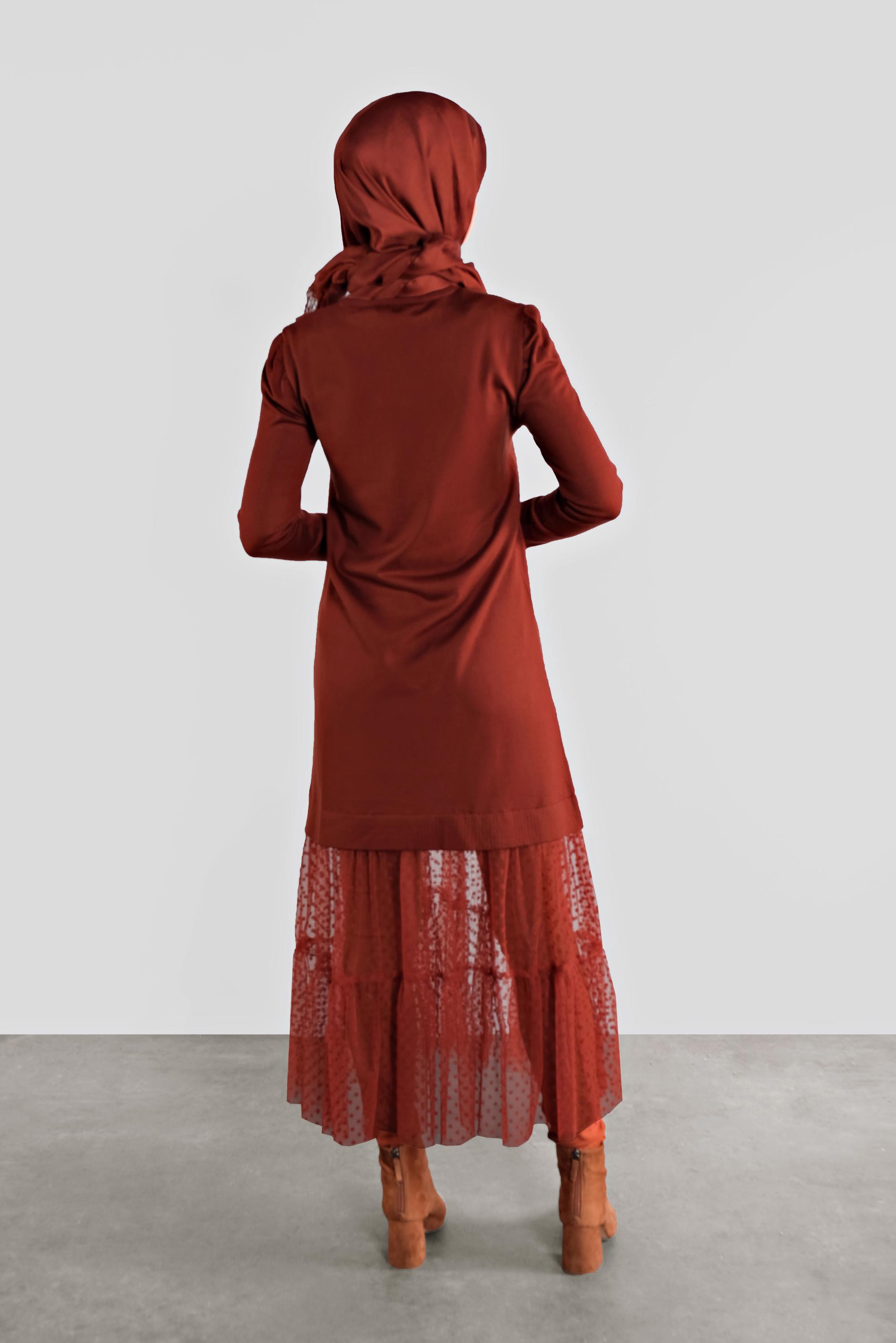 Tesettür giyim TURUNCU PUANTİYE DESENLİ TÜL DETAYLI TRİKO TUNİK 41018 