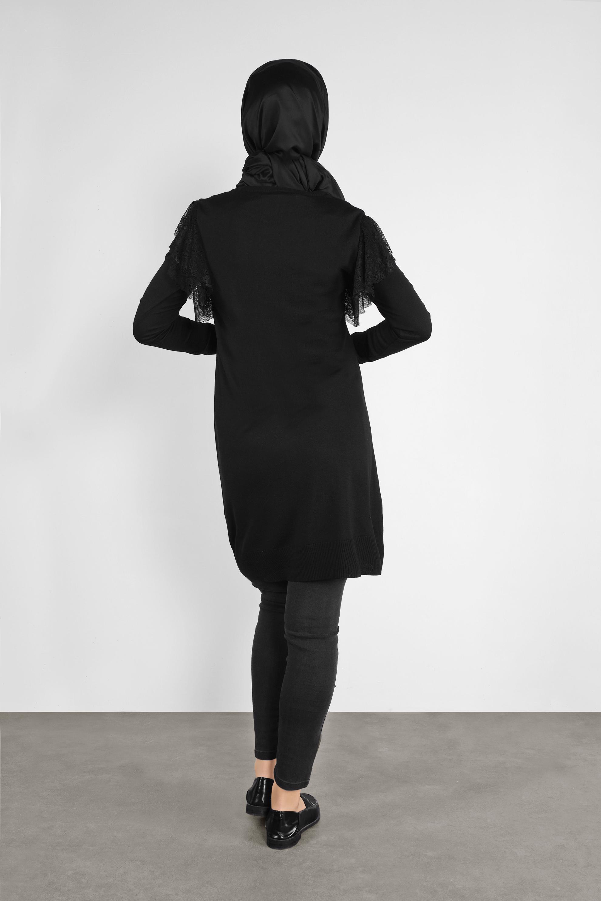 Tesettür giyim SİYAH DANTEL DETAYLI TRİKO TUNİK 41019