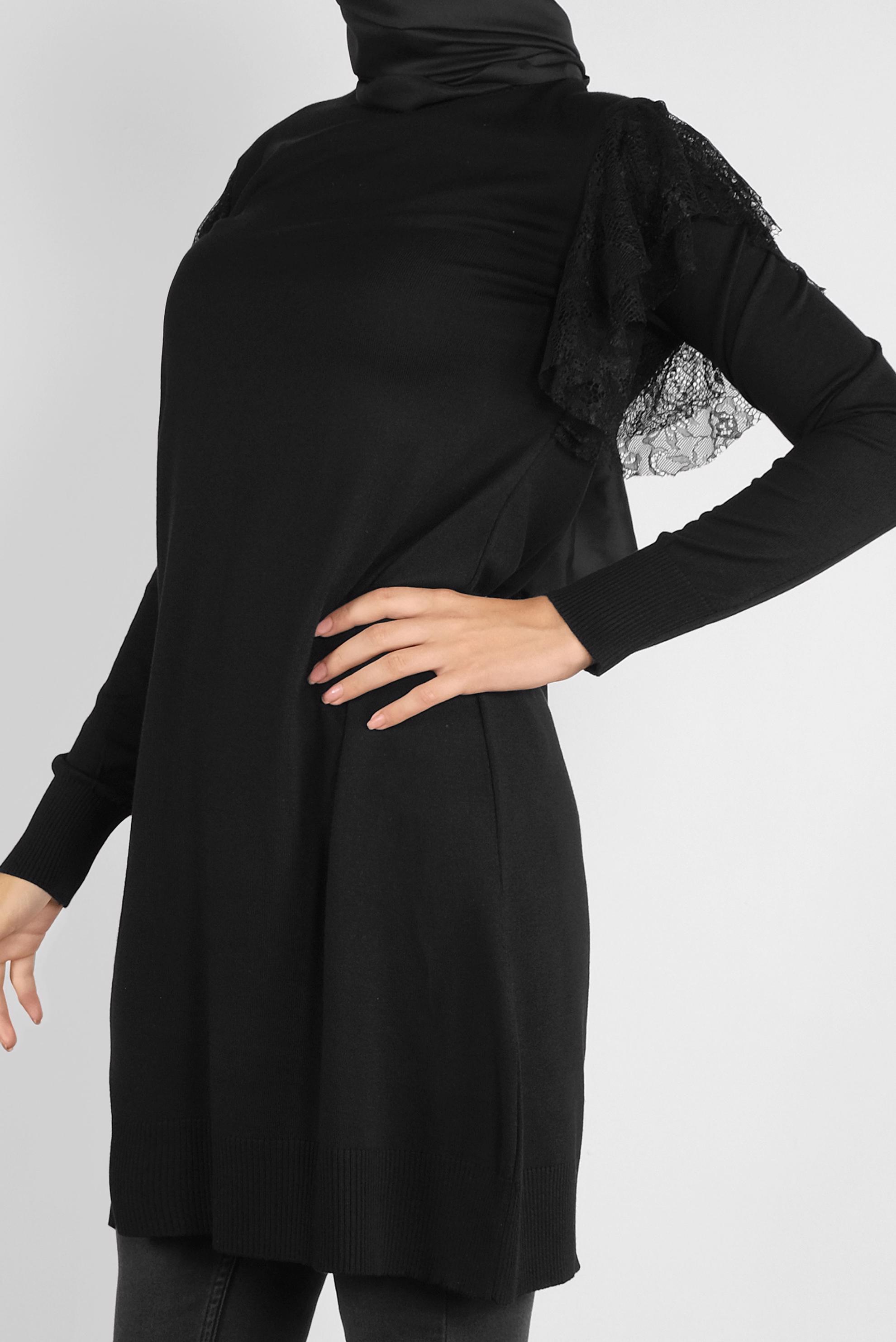 Tesettür giyim SİYAH DANTEL DETAYLI TRİKO TUNİK 41019