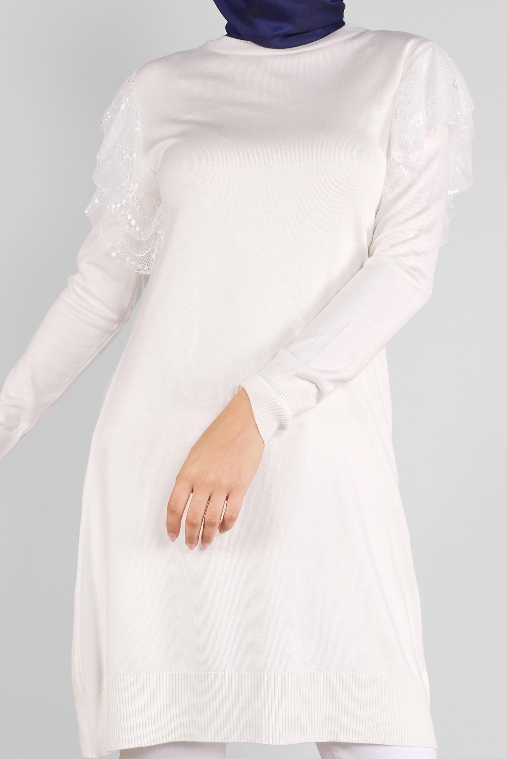 Tesettür giyim BEYAZ DANTEL DETAYLI TRİKO TUNİK 41019