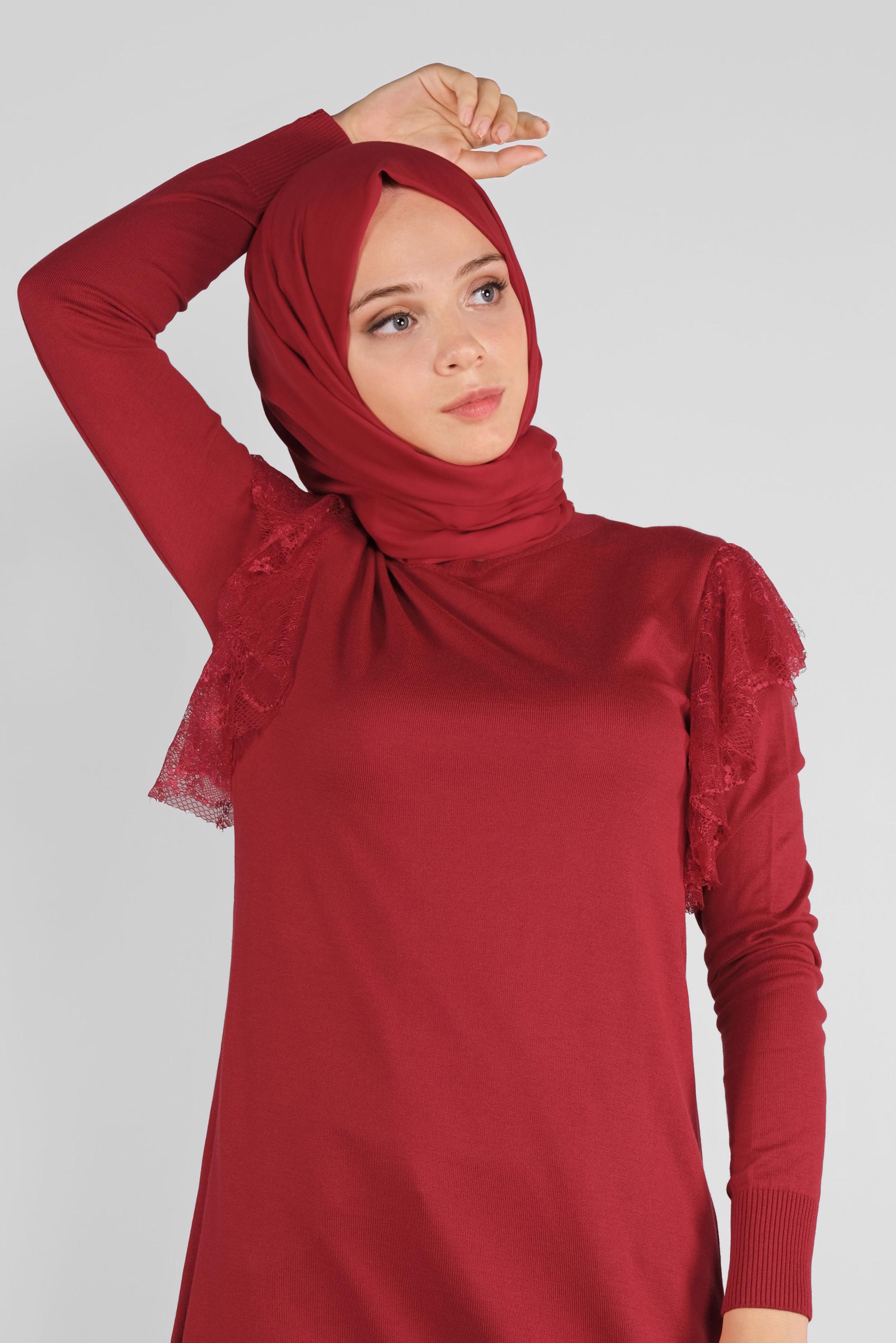 Tesettür giyim KIRMIZI DANTEL DETAYLI TRİKO TUNİK 41019