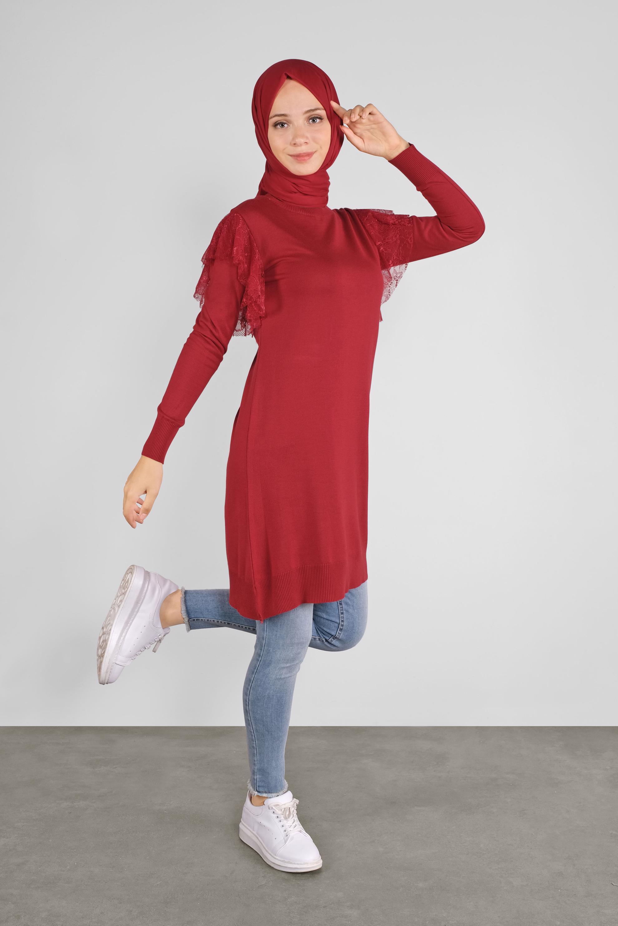 Tesettür giyim KIRMIZI DANTEL DETAYLI TRİKO TUNİK 41019