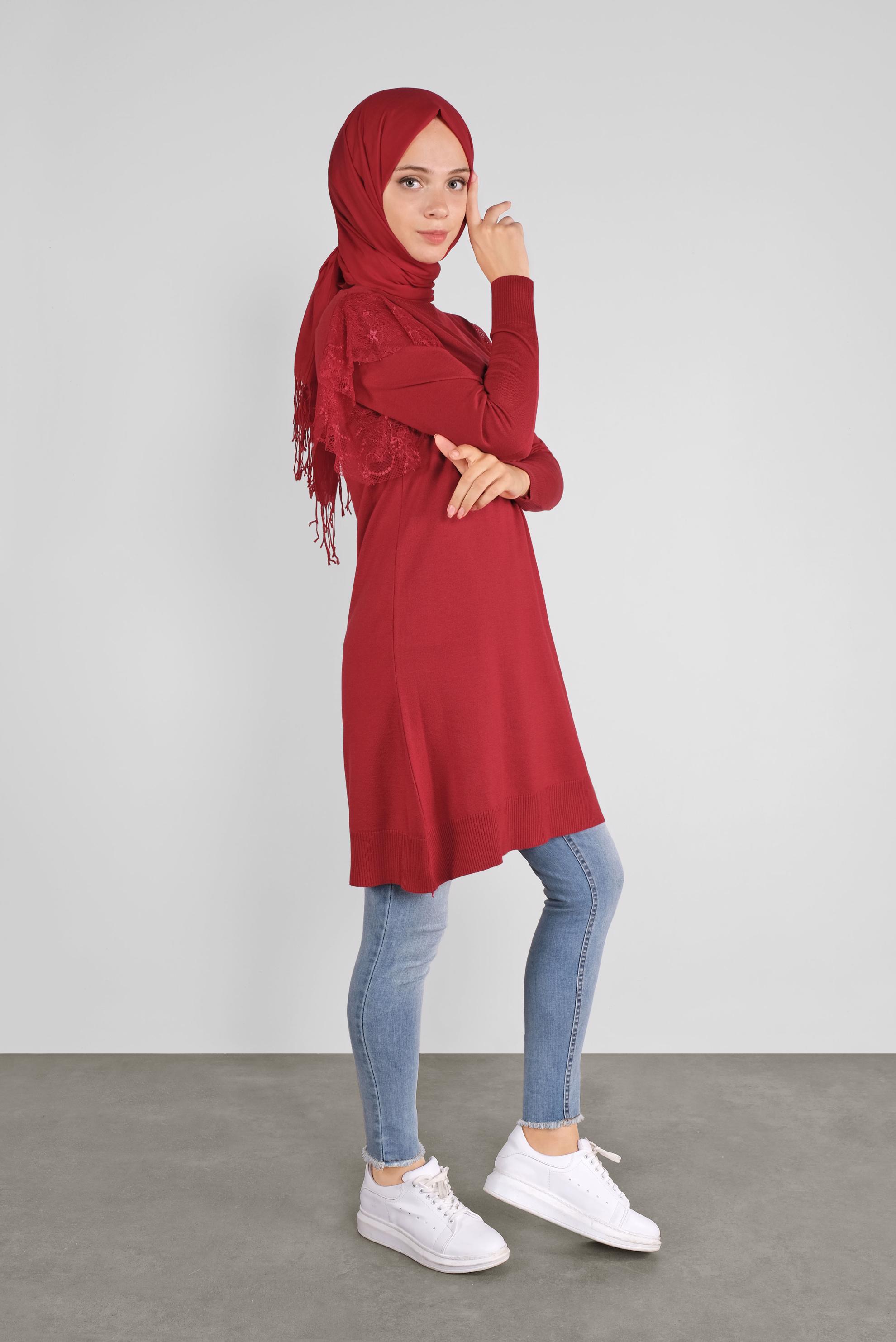 Tesettür giyim KIRMIZI DANTEL DETAYLI TRİKO TUNİK 41019