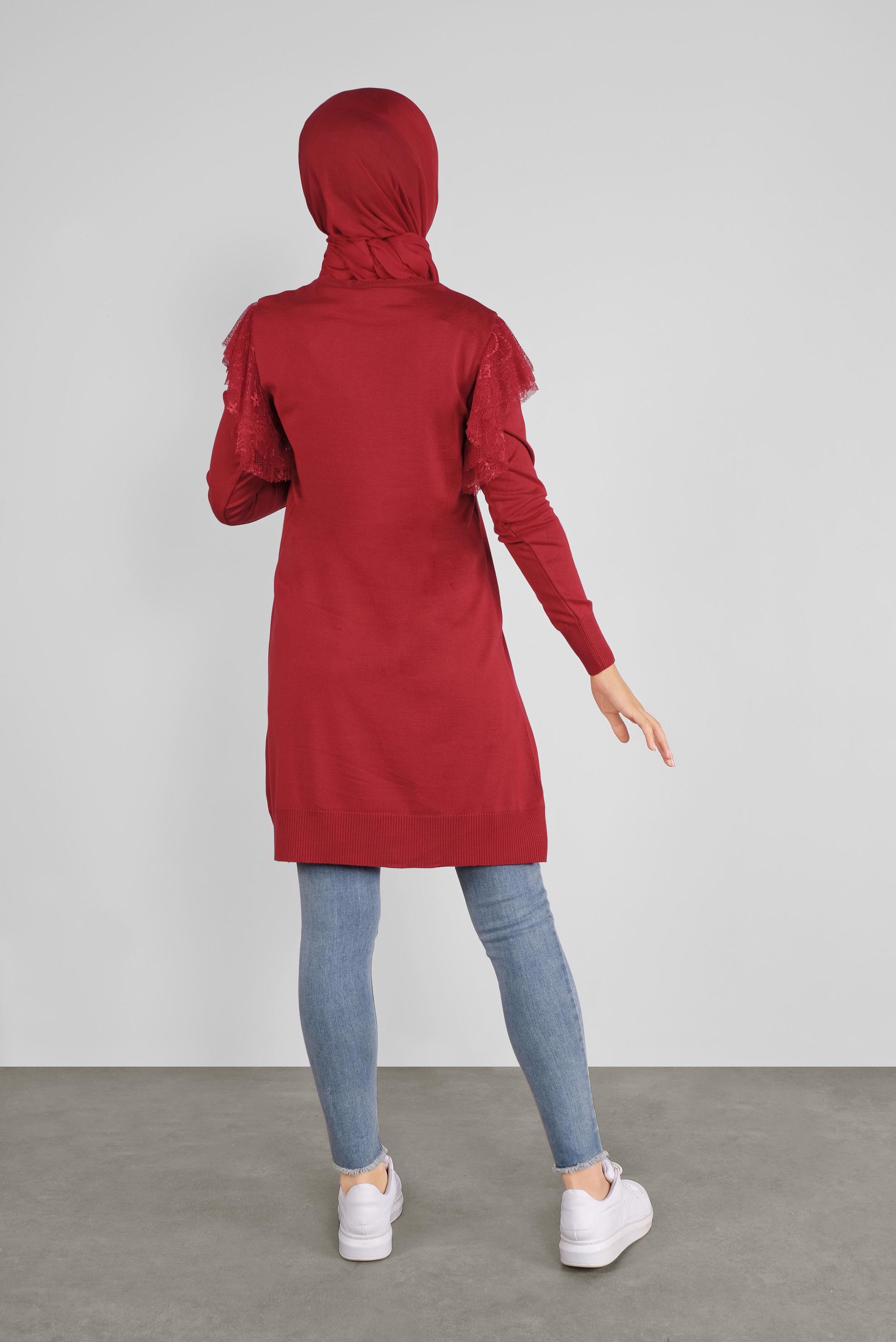 Tesettür giyim KIRMIZI DANTEL DETAYLI TRİKO TUNİK 41019