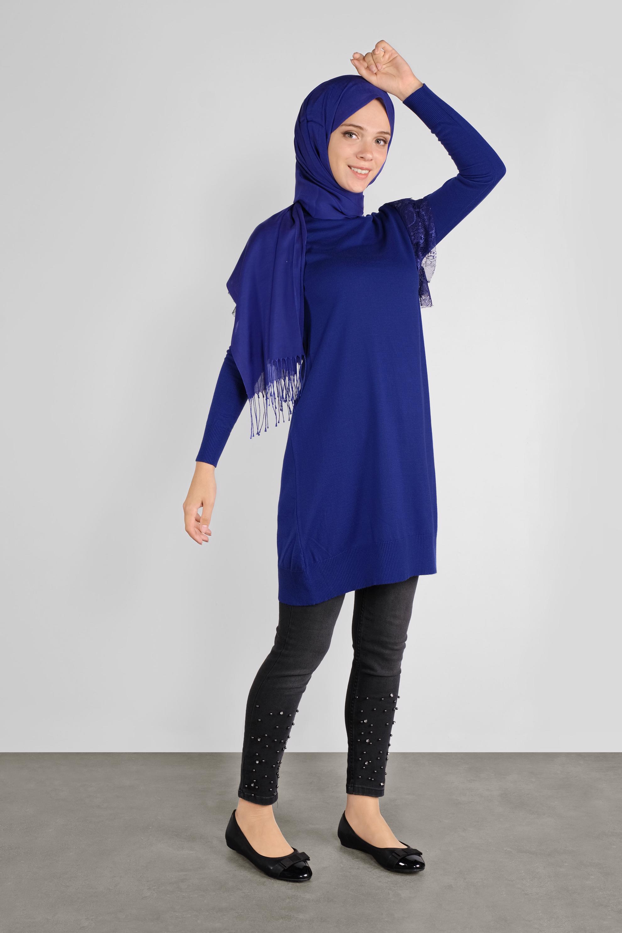 Tesettür giyim LACİVERT DANTEL DETAYLI TRİKO TUNİK 41019