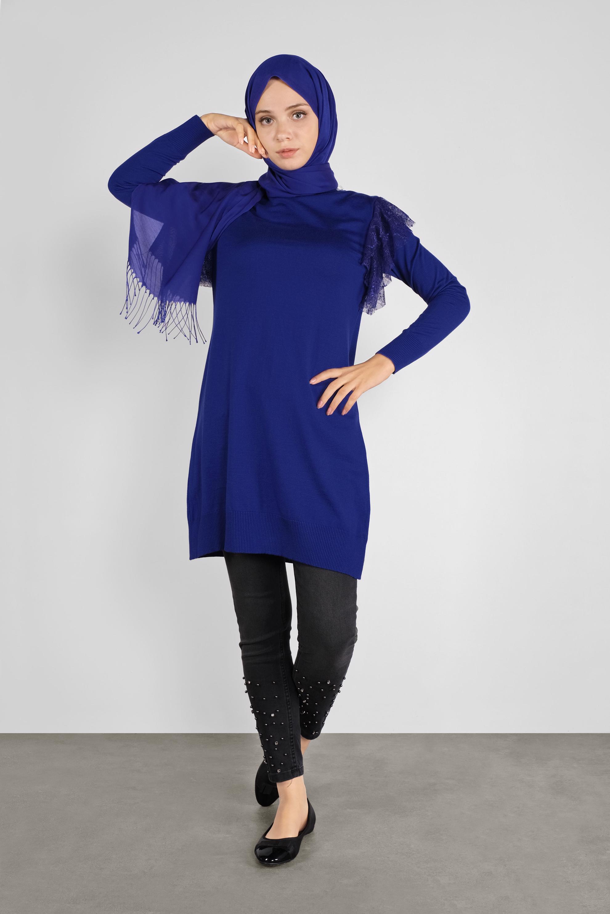 Tesettür giyim LACİVERT DANTEL DETAYLI TRİKO TUNİK 41019