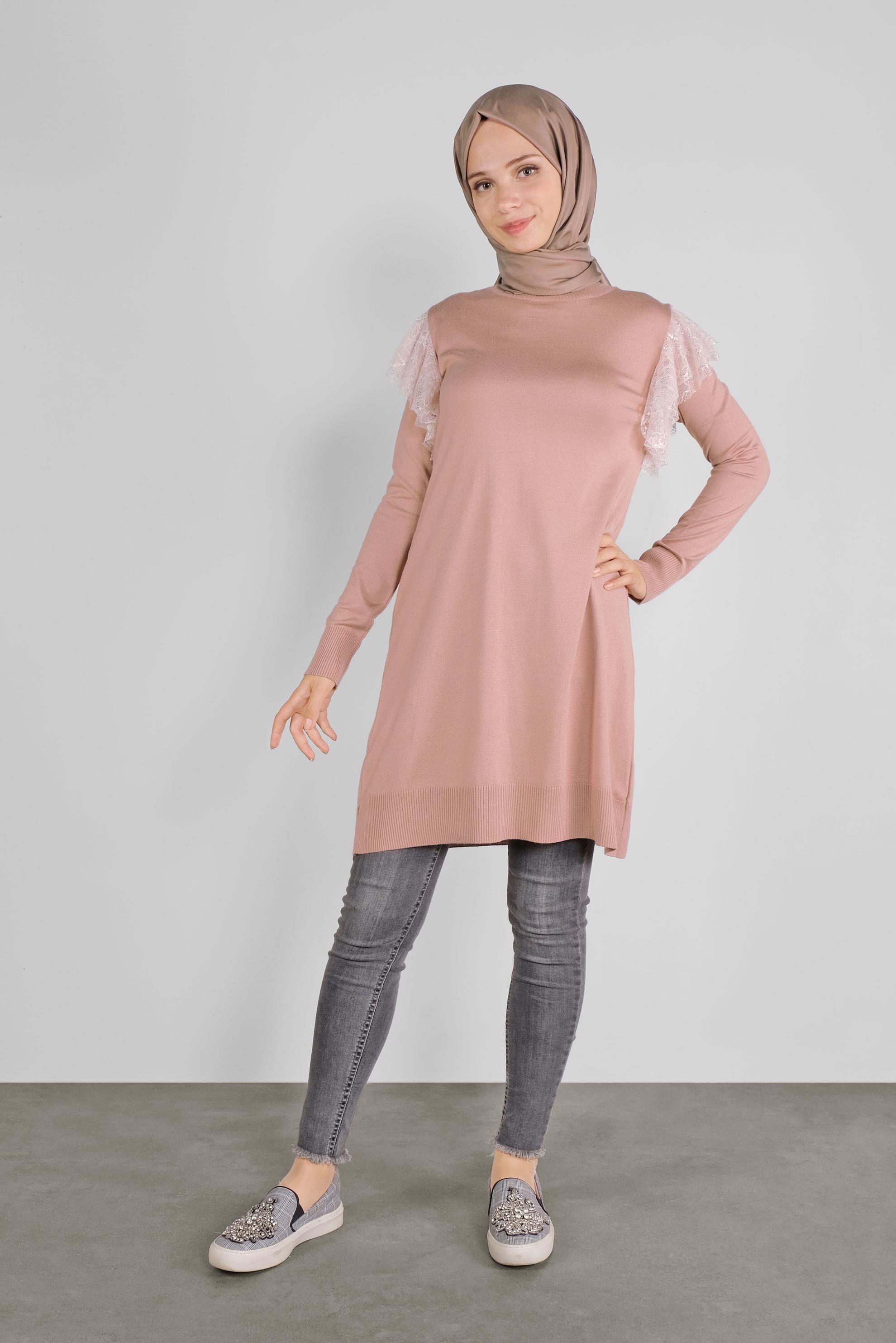 Tesettür giyim PUDRA DANTEL DETAYLI TRİKO TUNİK 41019