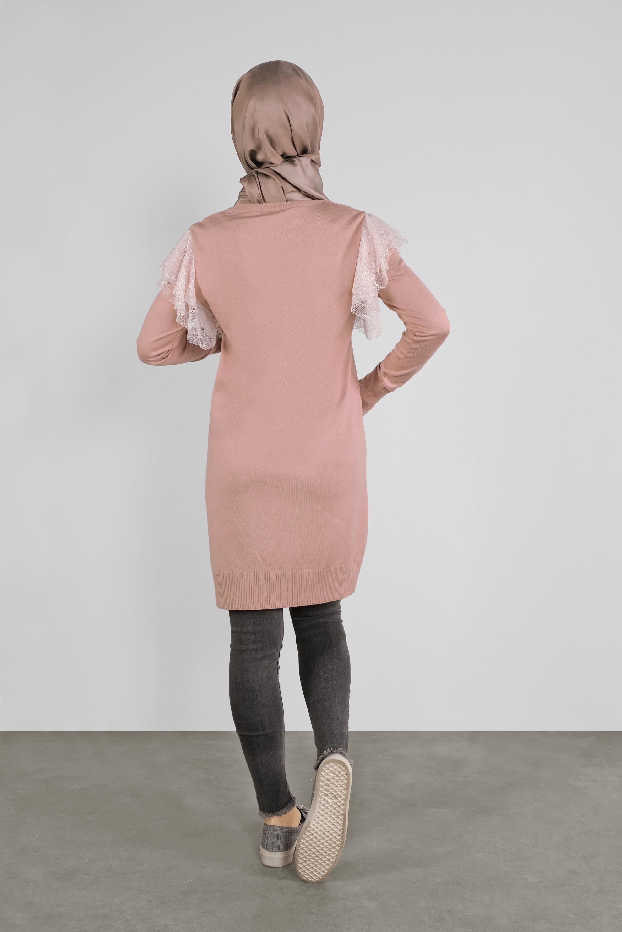 Tesettür giyim PUDRA DANTEL DETAYLI TRİKO TUNİK 41019