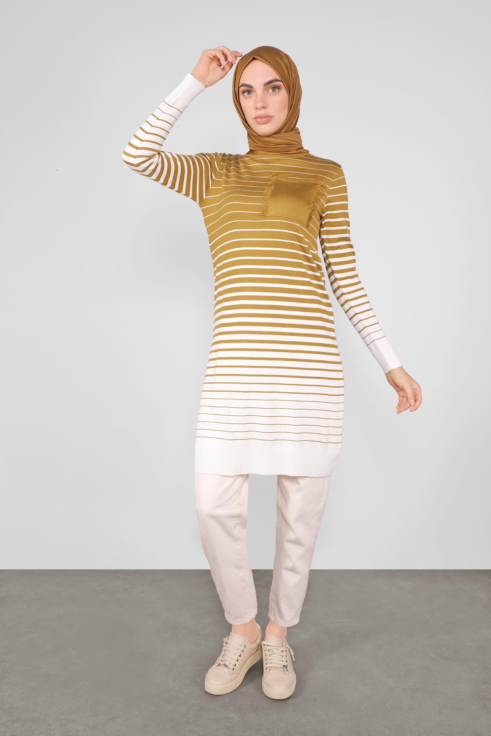 Tesettür giyim SARI ÇİZGİLİ TRİKO TUNİK 41055 