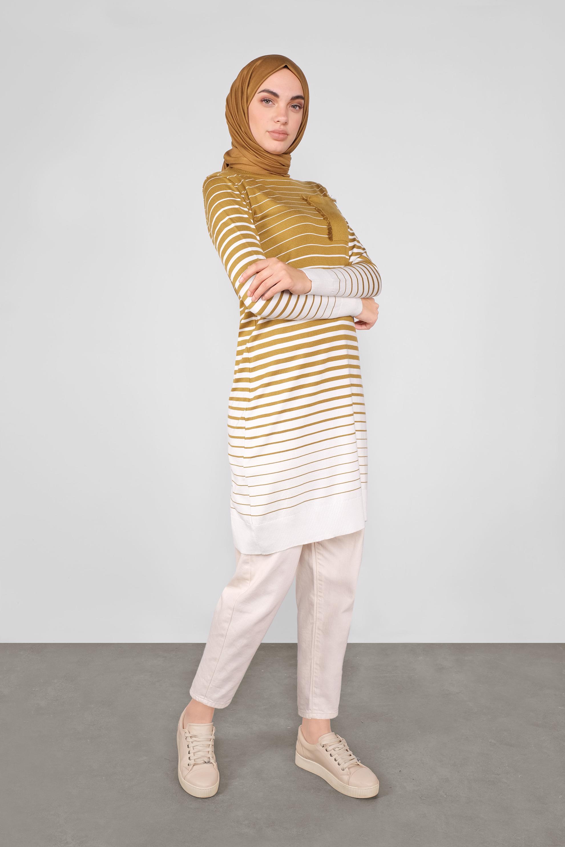 Tesettür giyim SARI ÇİZGİLİ TRİKO TUNİK 41055 