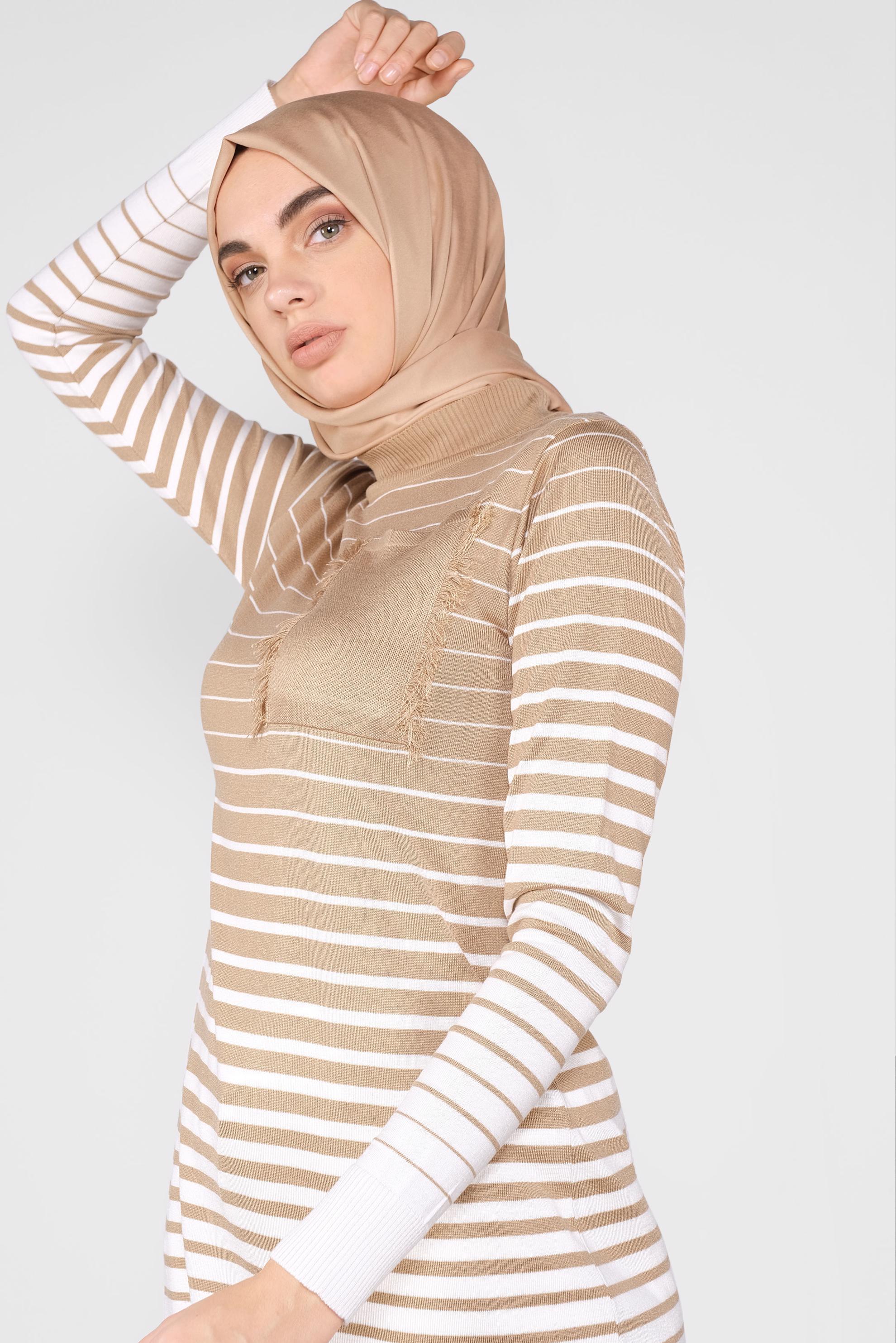 Tesettür giyim KAHVE ÇİZGİLİ TRİKO TUNİK 41055 