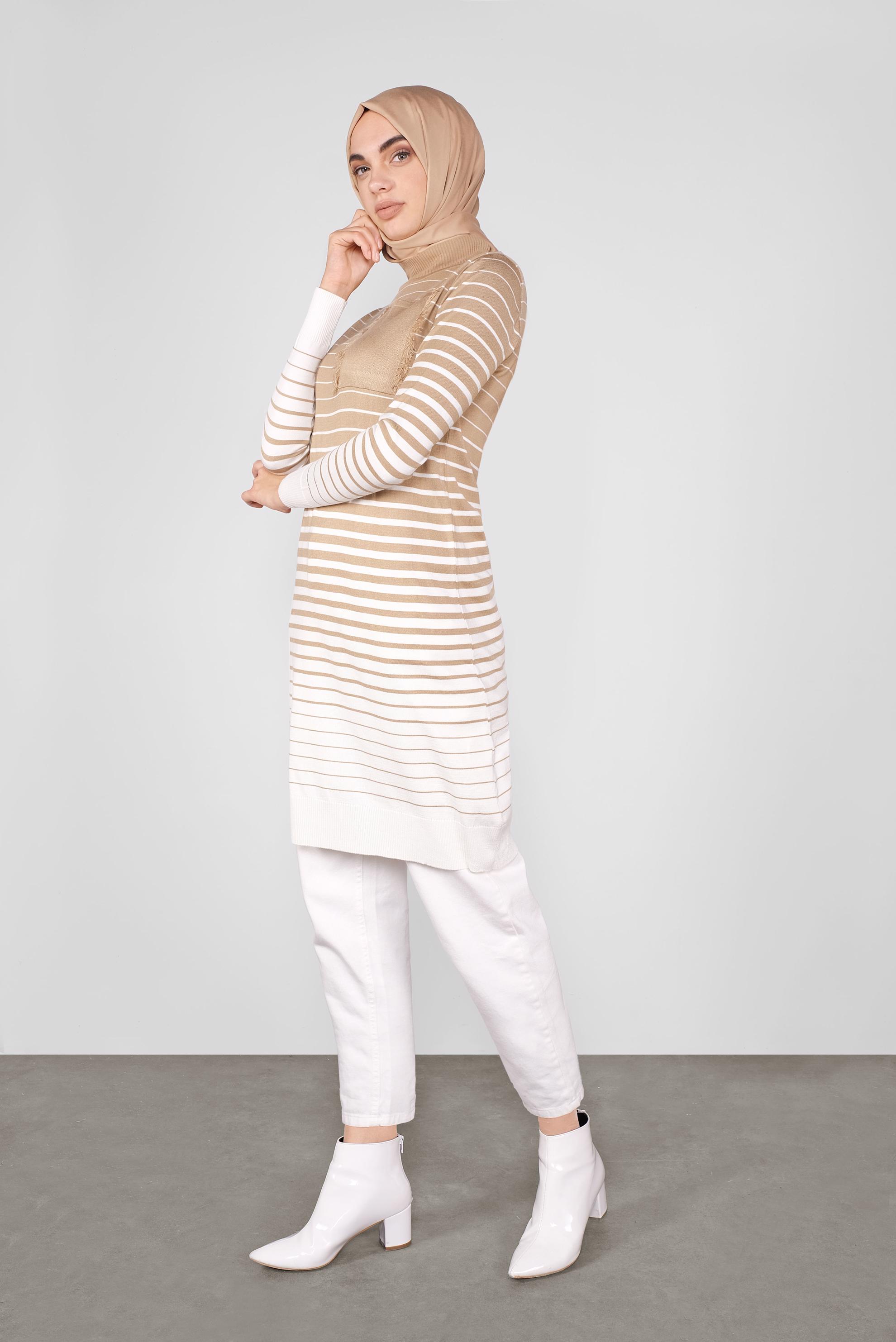 Tesettür giyim KAHVE ÇİZGİLİ TRİKO TUNİK 41055 