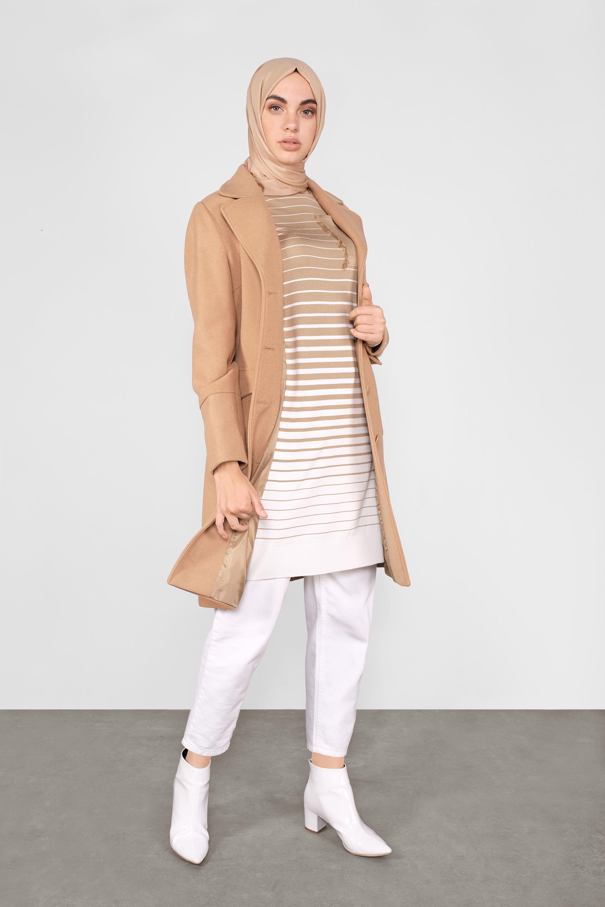 Tesettür giyim KAHVE ÇİZGİLİ TRİKO TUNİK 41055 