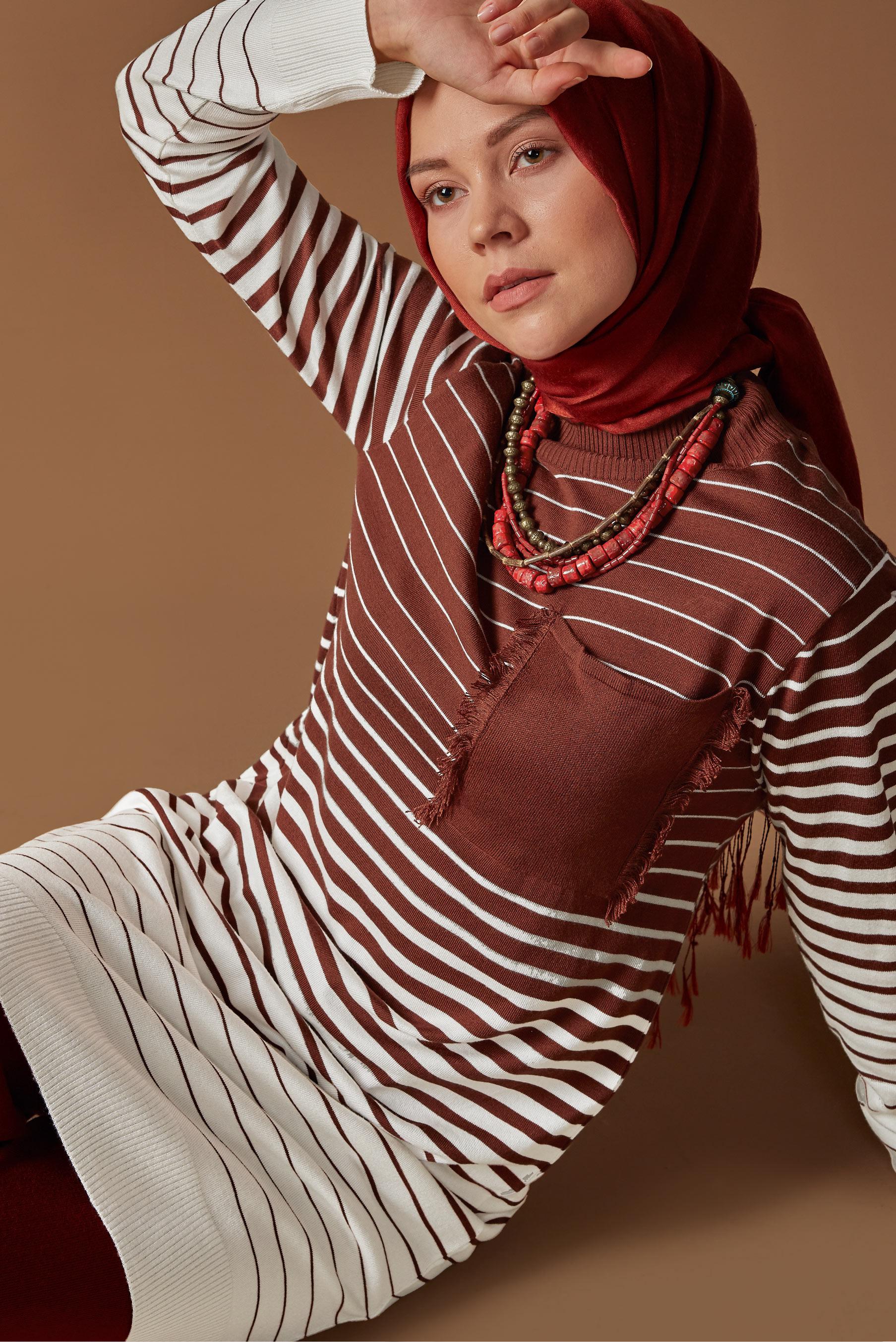 Tesettür giyim TURUNCU ÇİZGİLİ TRİKO TUNİK 41055 