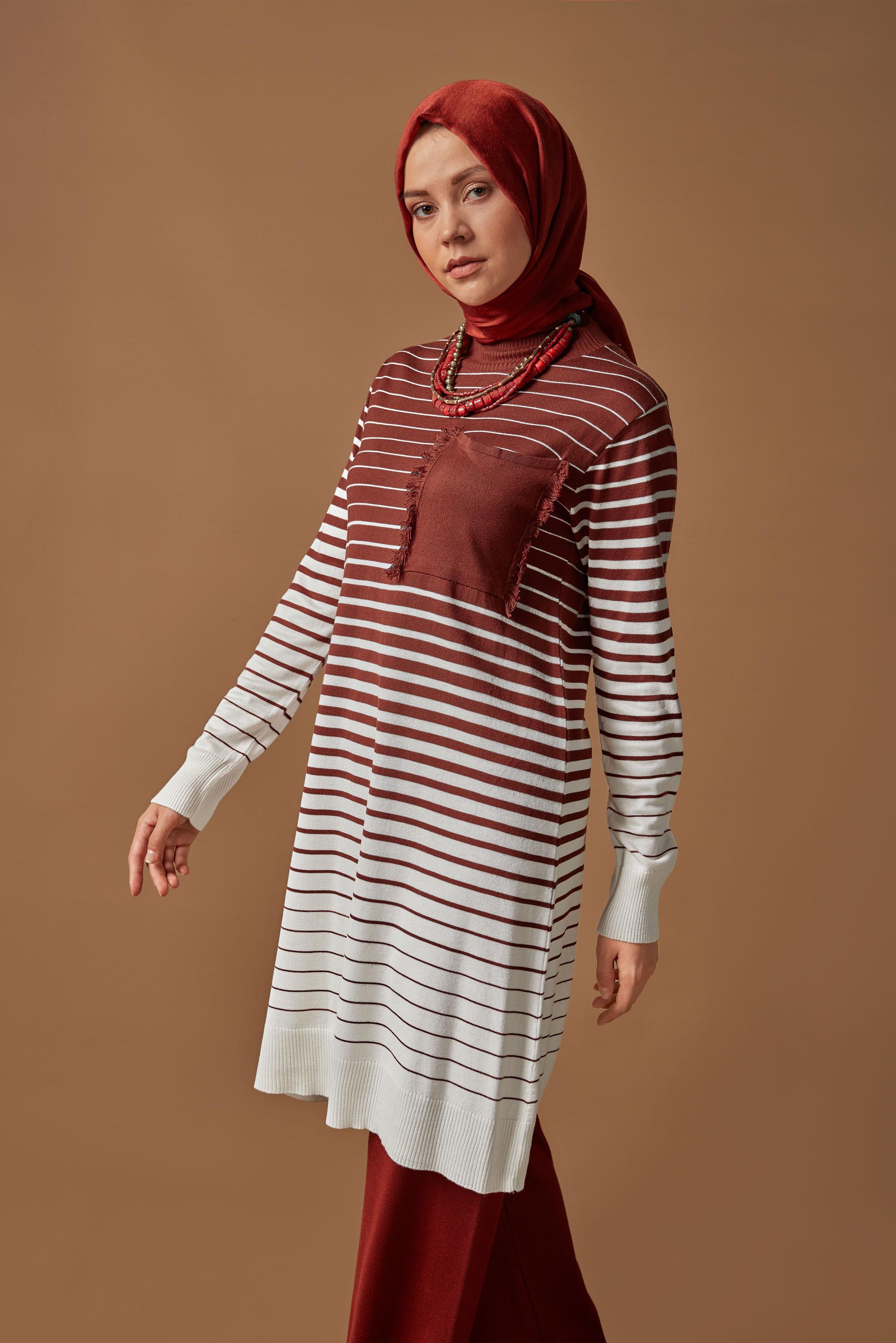 Tesettür giyim TURUNCU ÇİZGİLİ TRİKO TUNİK 41055 