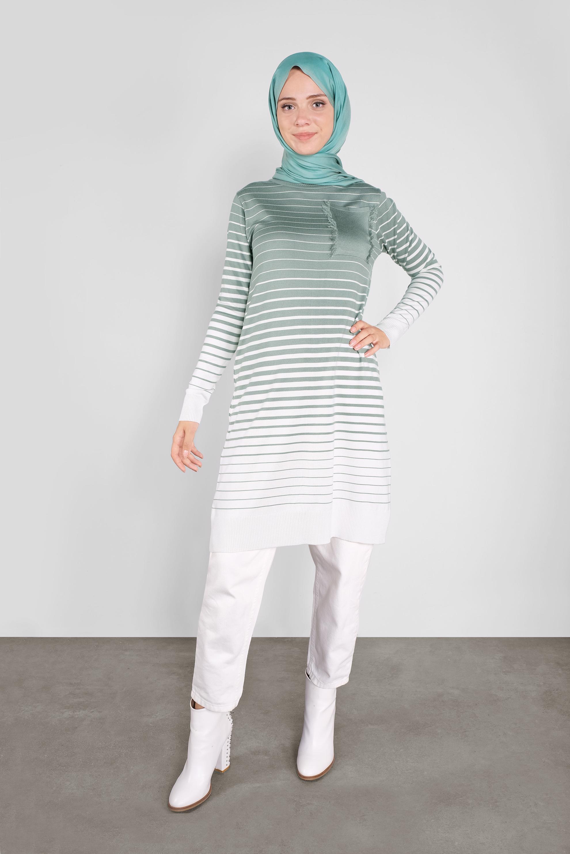 Tesettür giyim YEŞİL ÇİZGİLİ TRİKO TUNİK 41055 