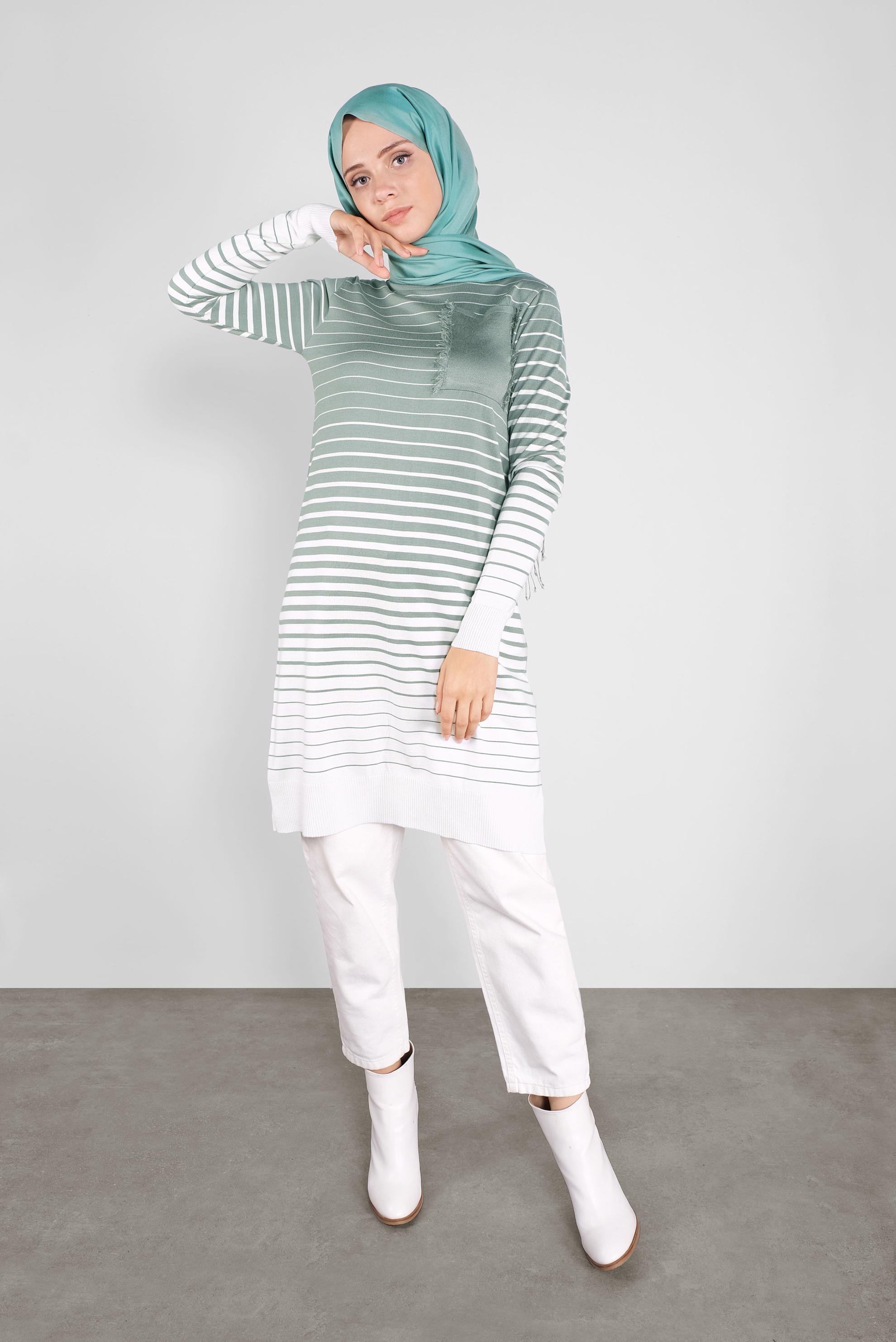 Tesettür giyim YEŞİL ÇİZGİLİ TRİKO TUNİK 41055 
