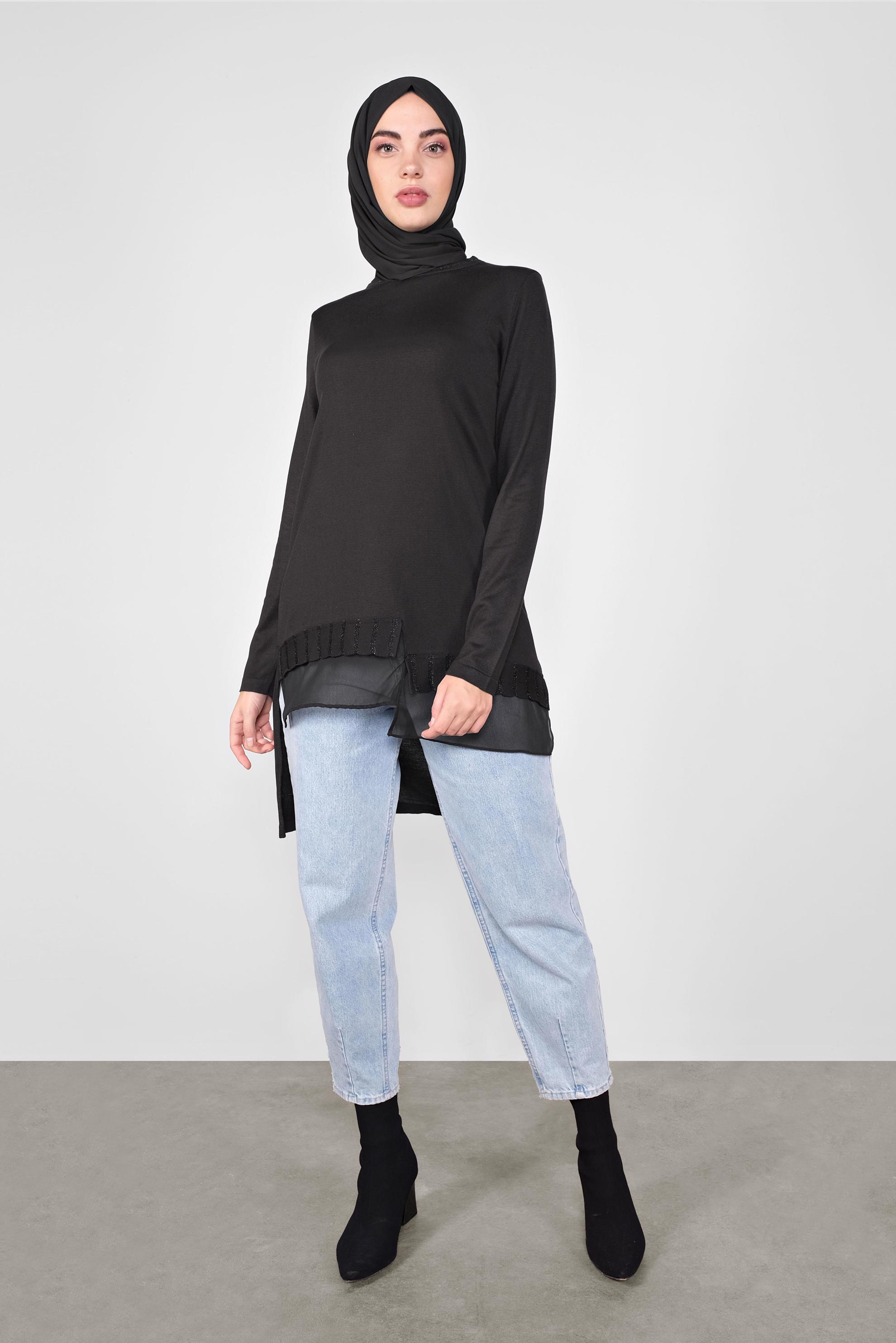 Tesettür giyim SİYAH ASİMETRİK KESİM TRİKO TUNİK 41057