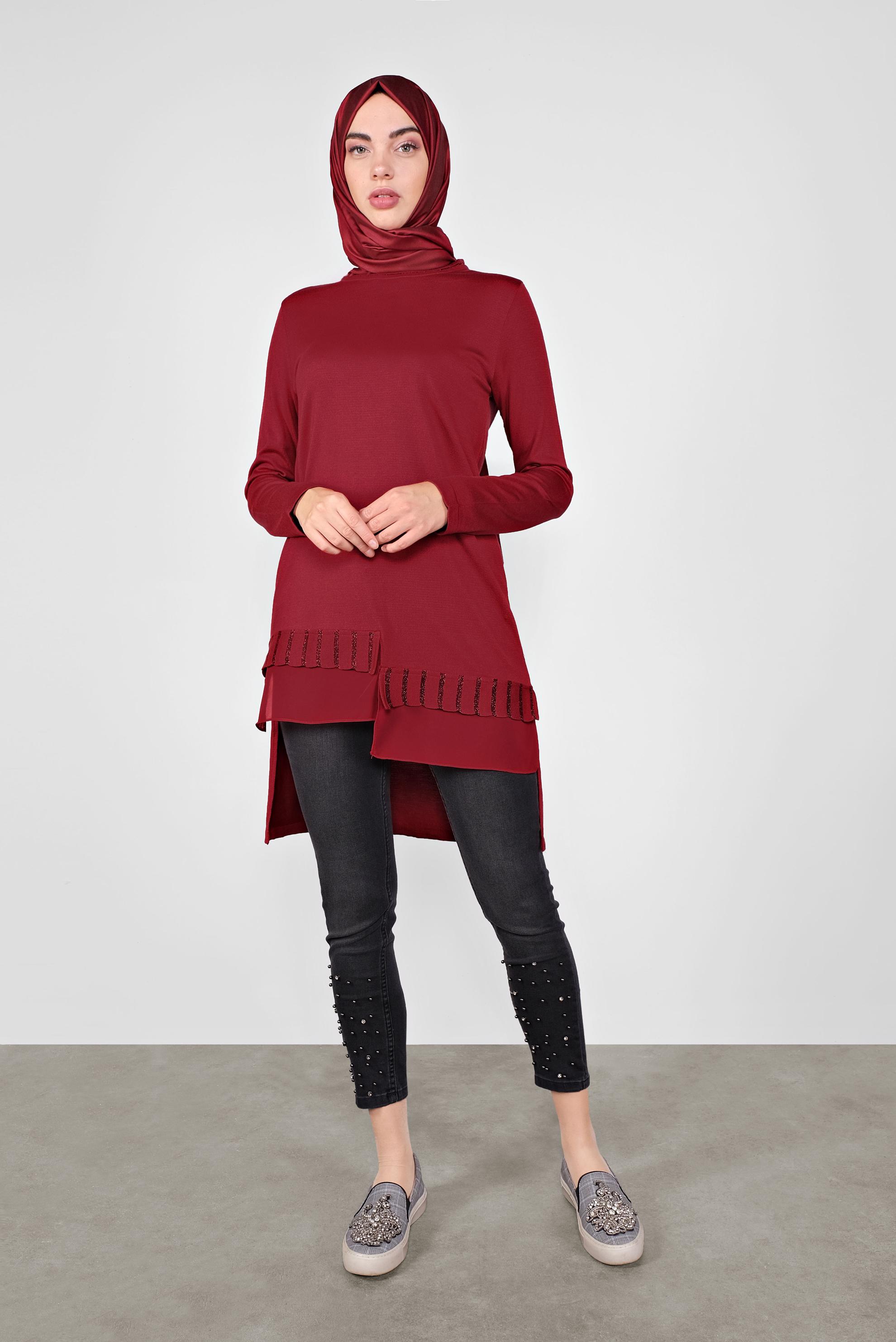Tesettür giyim KIRMIZI ASİMETRİK KESİM TRİKO TUNİK 41057