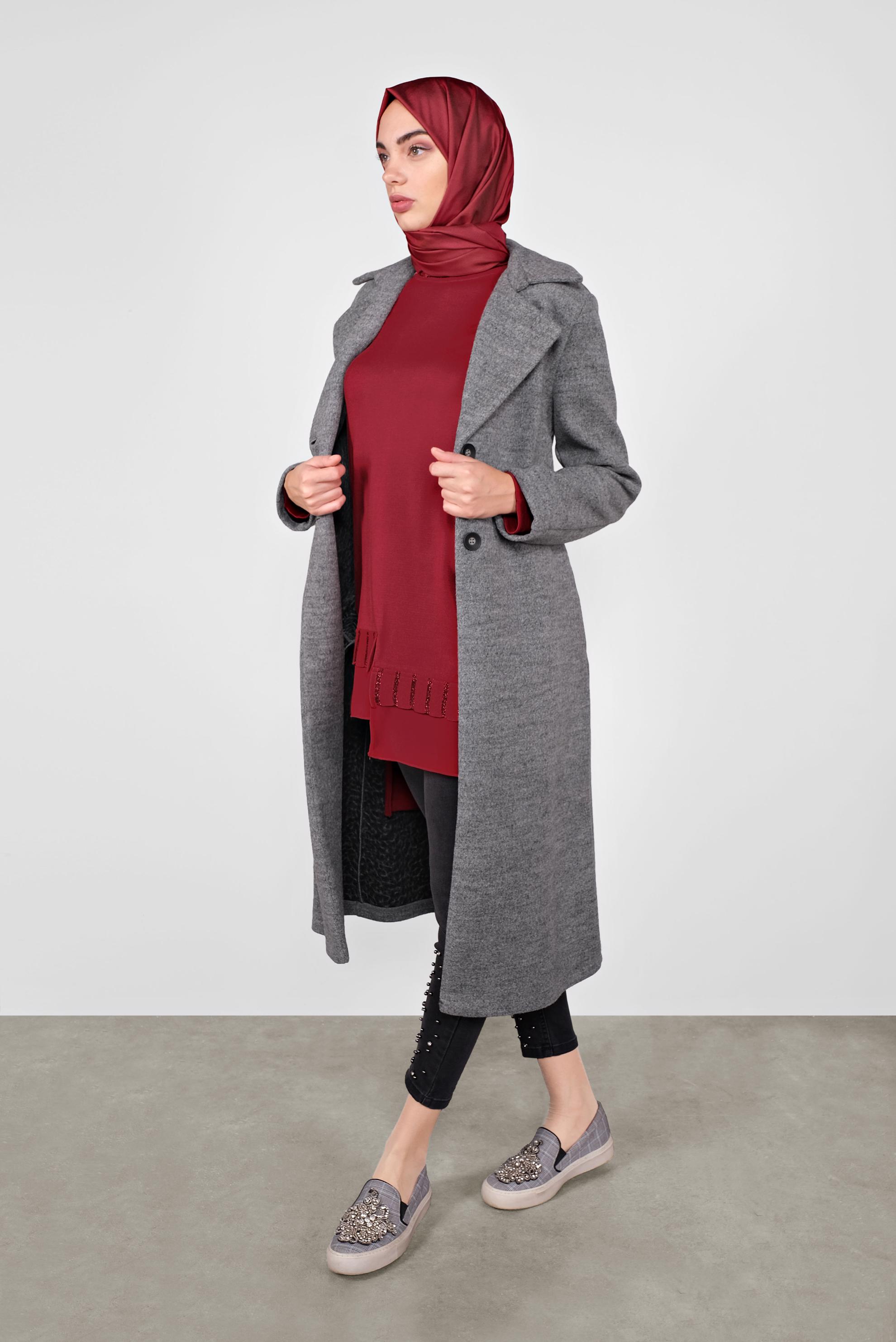 Tesettür giyim KIRMIZI ASİMETRİK KESİM TRİKO TUNİK 41057