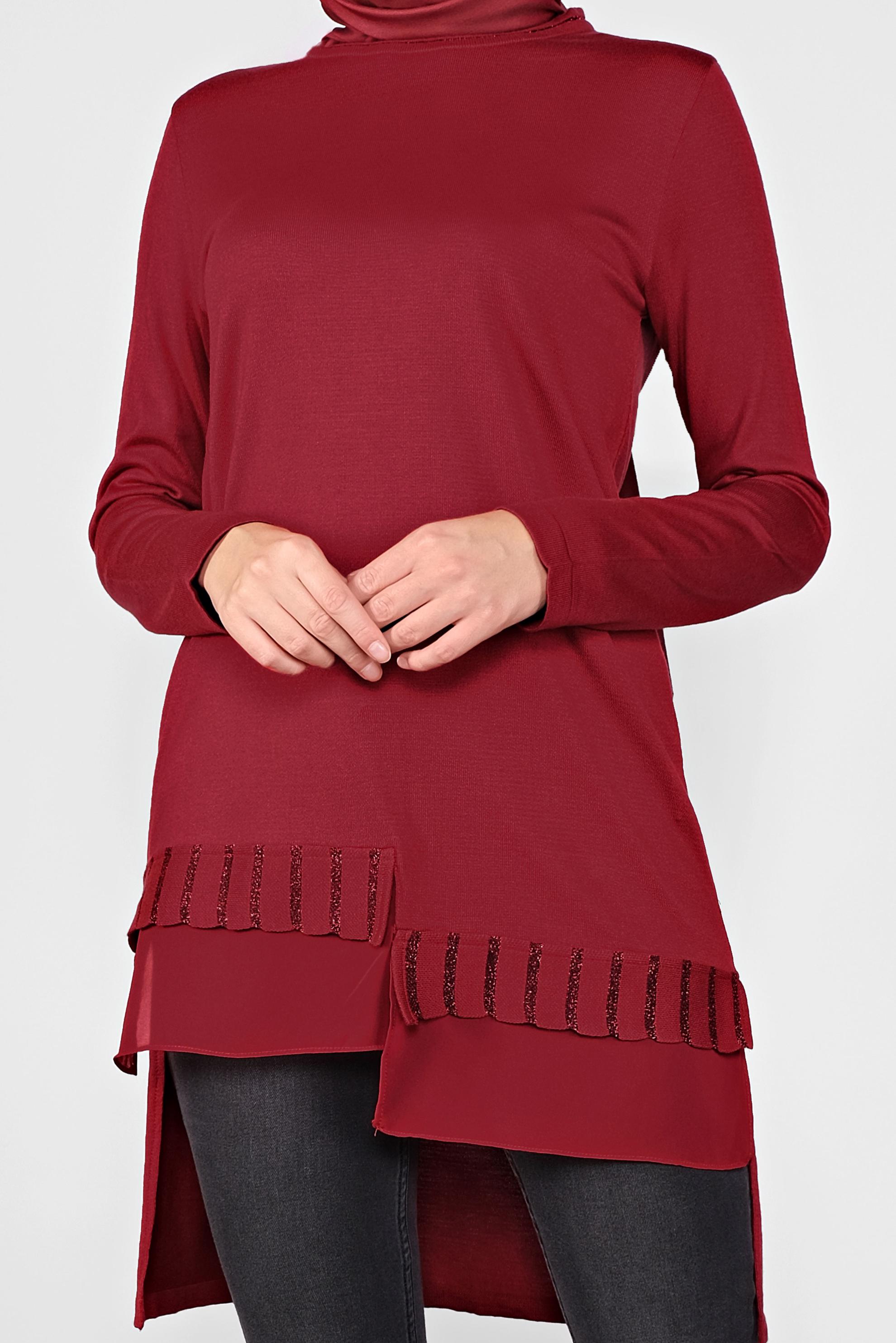 Tesettür giyim KIRMIZI ASİMETRİK KESİM TRİKO TUNİK 41057