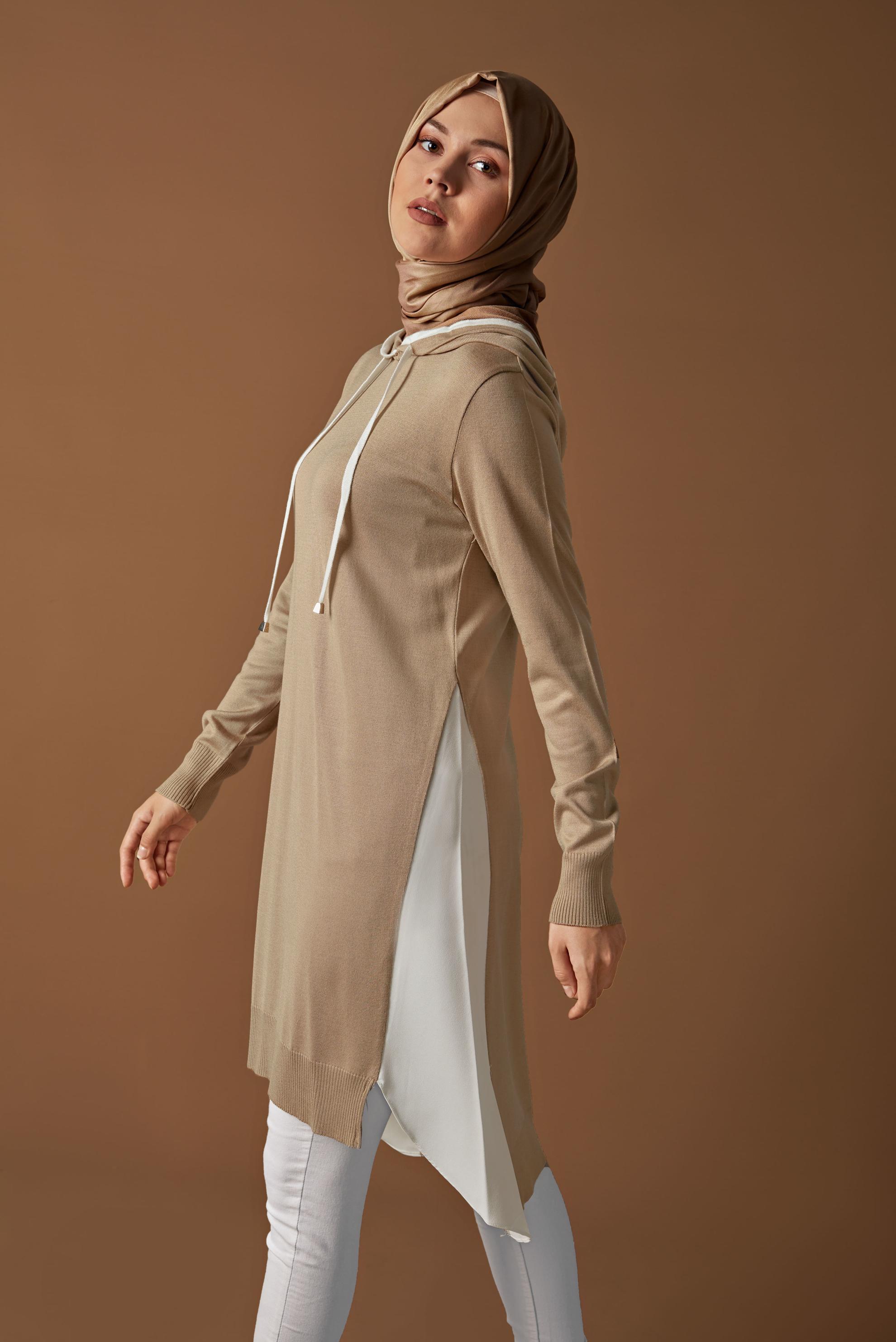 Tesettür giyim KAHVE GÖMLEK PARÇALI KAPÜŞONLU TRİKO TUNİK 41060