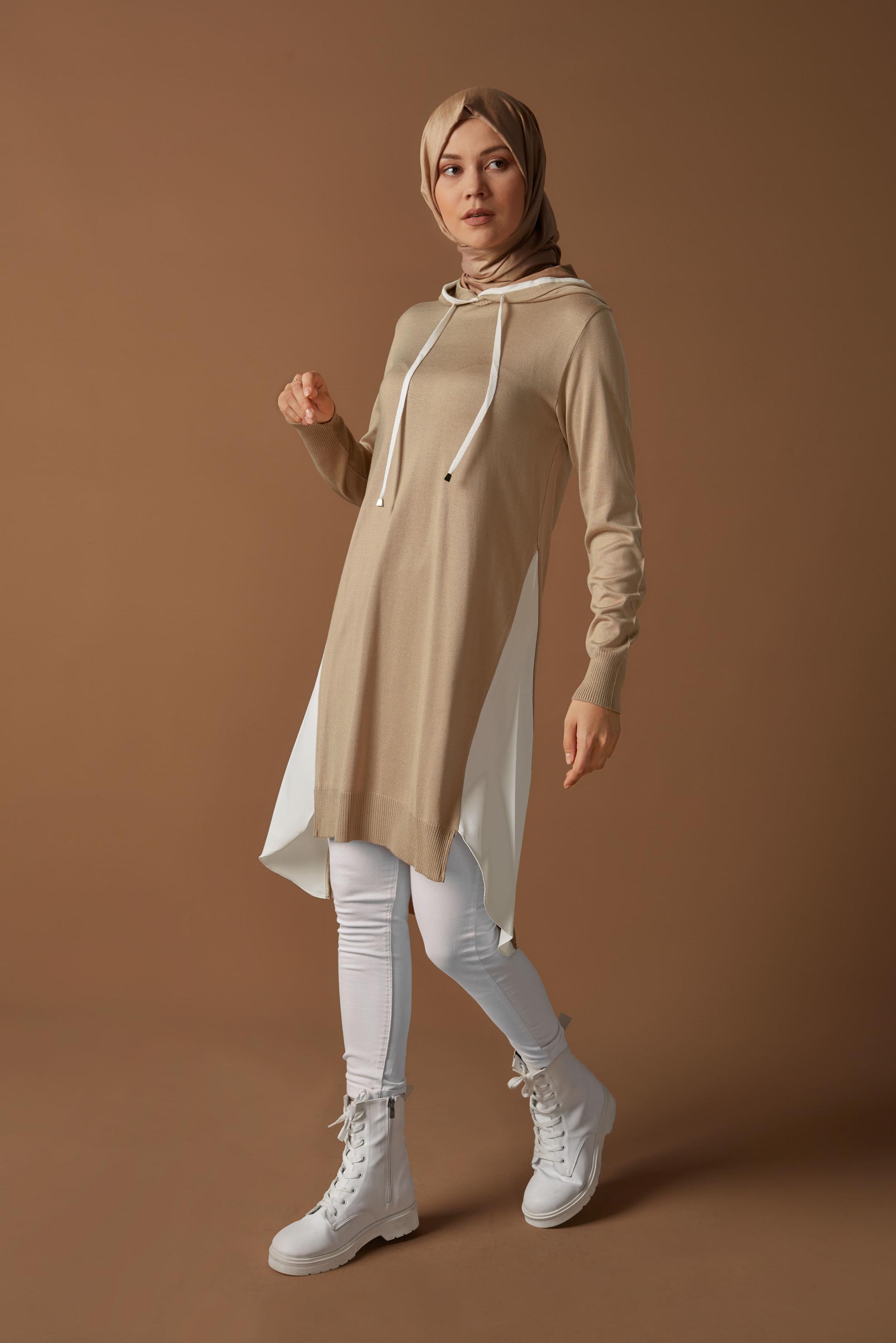 Tesettür giyim KAHVE GÖMLEK PARÇALI KAPÜŞONLU TRİKO TUNİK 41060