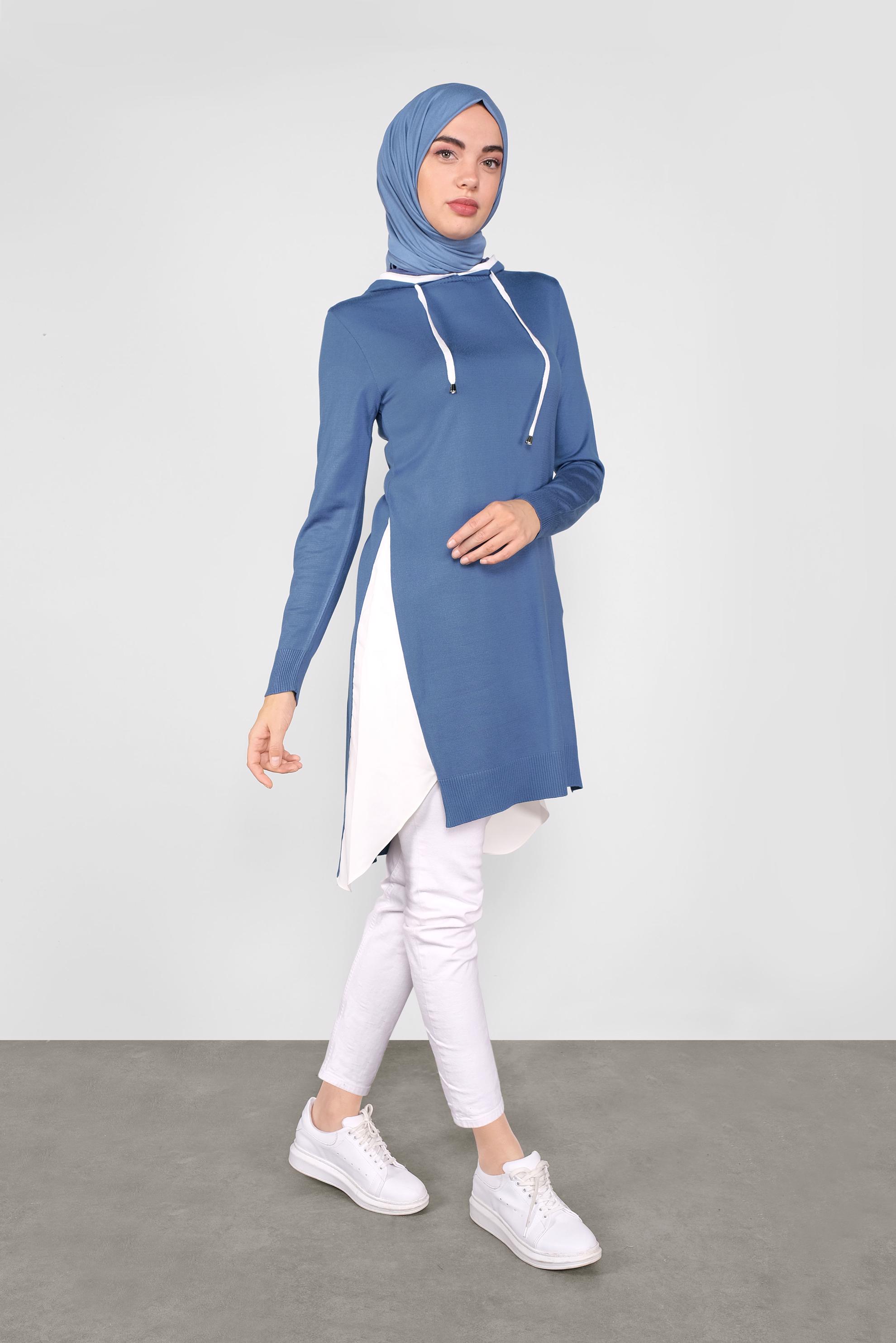 Tesettür giyim LACİVERT GÖMLEK PARÇALI KAPÜŞONLU TRİKO TUNİK 41060