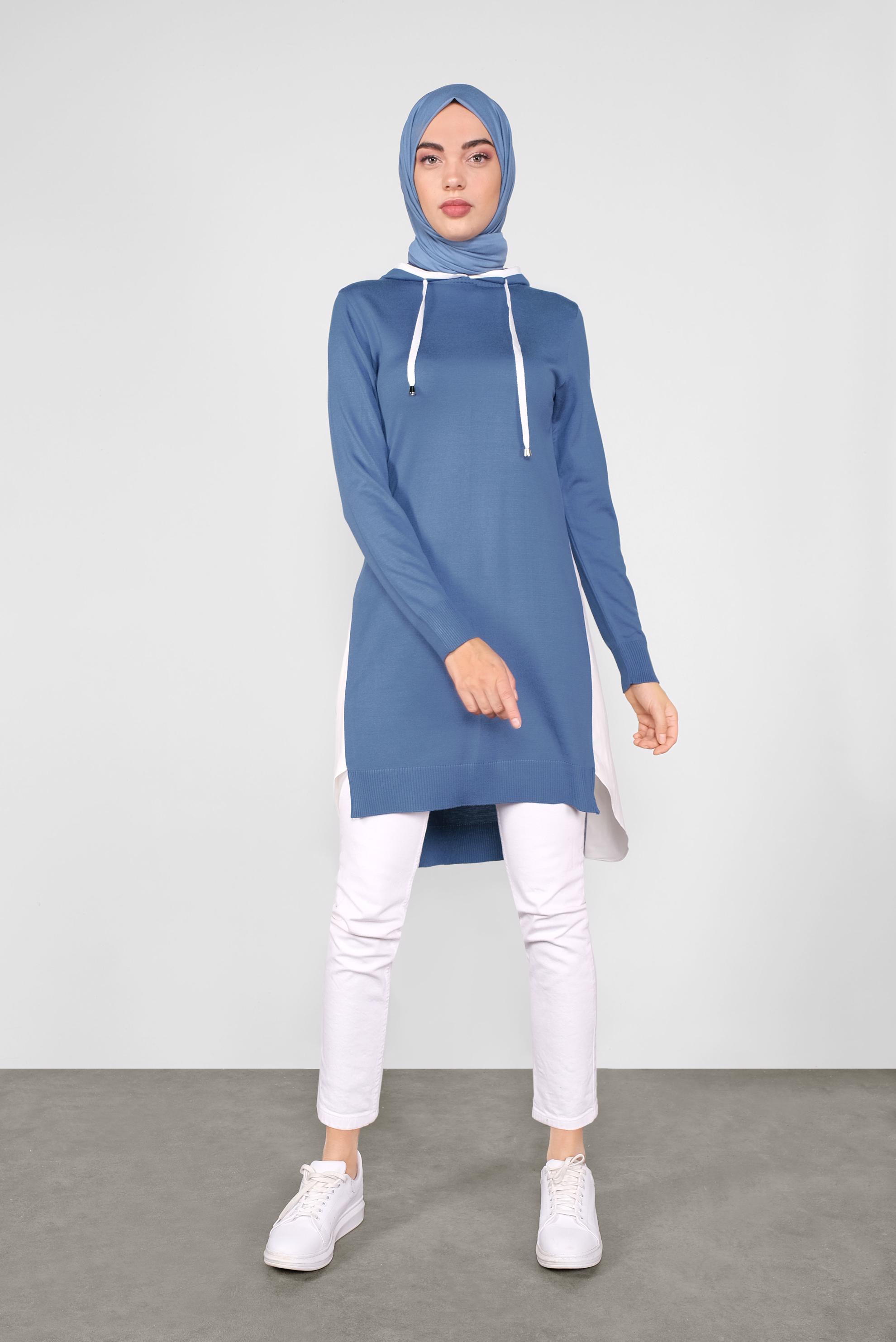 Tesettür giyim LACİVERT GÖMLEK PARÇALI KAPÜŞONLU TRİKO TUNİK 41060