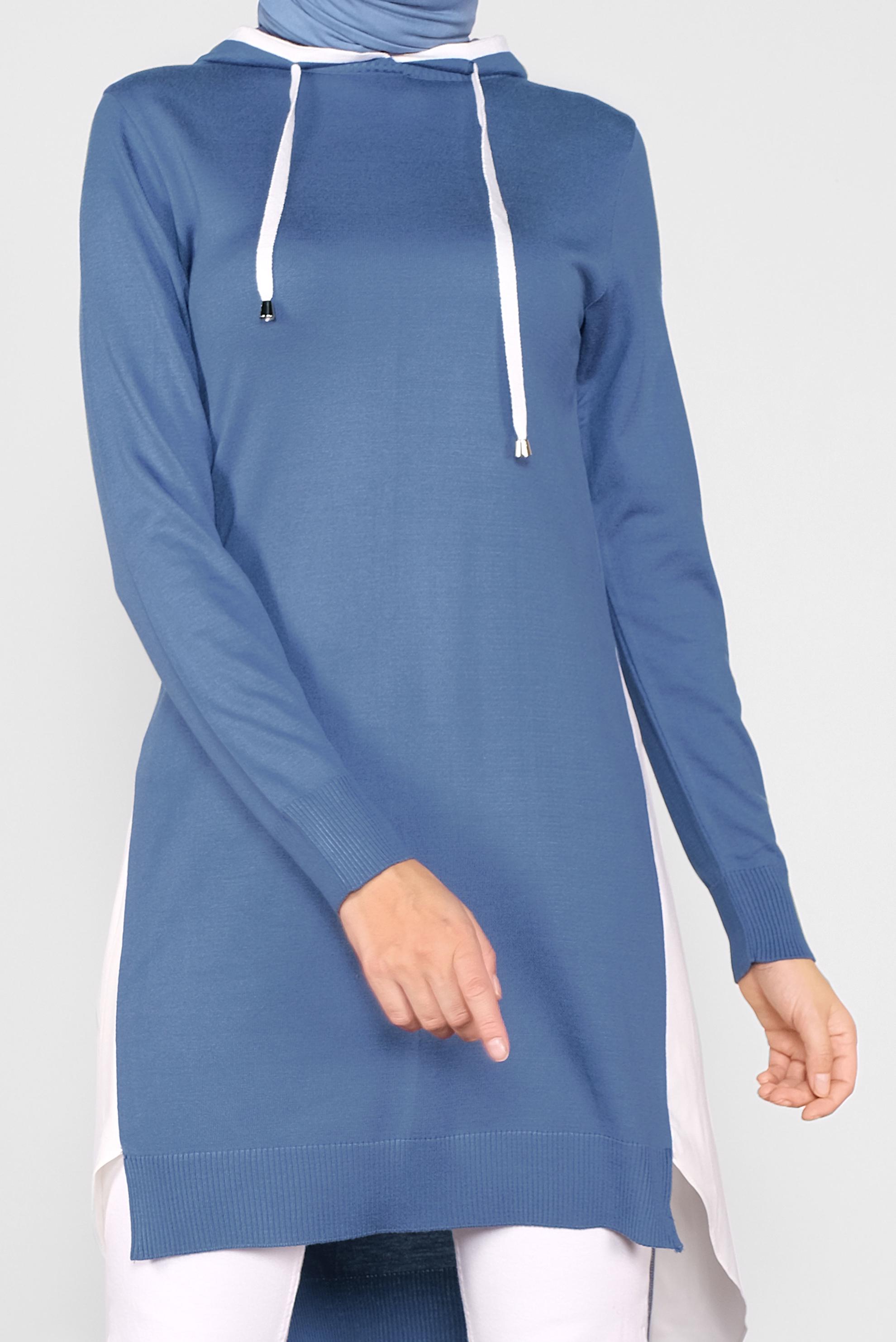 Tesettür giyim LACİVERT GÖMLEK PARÇALI KAPÜŞONLU TRİKO TUNİK 41060