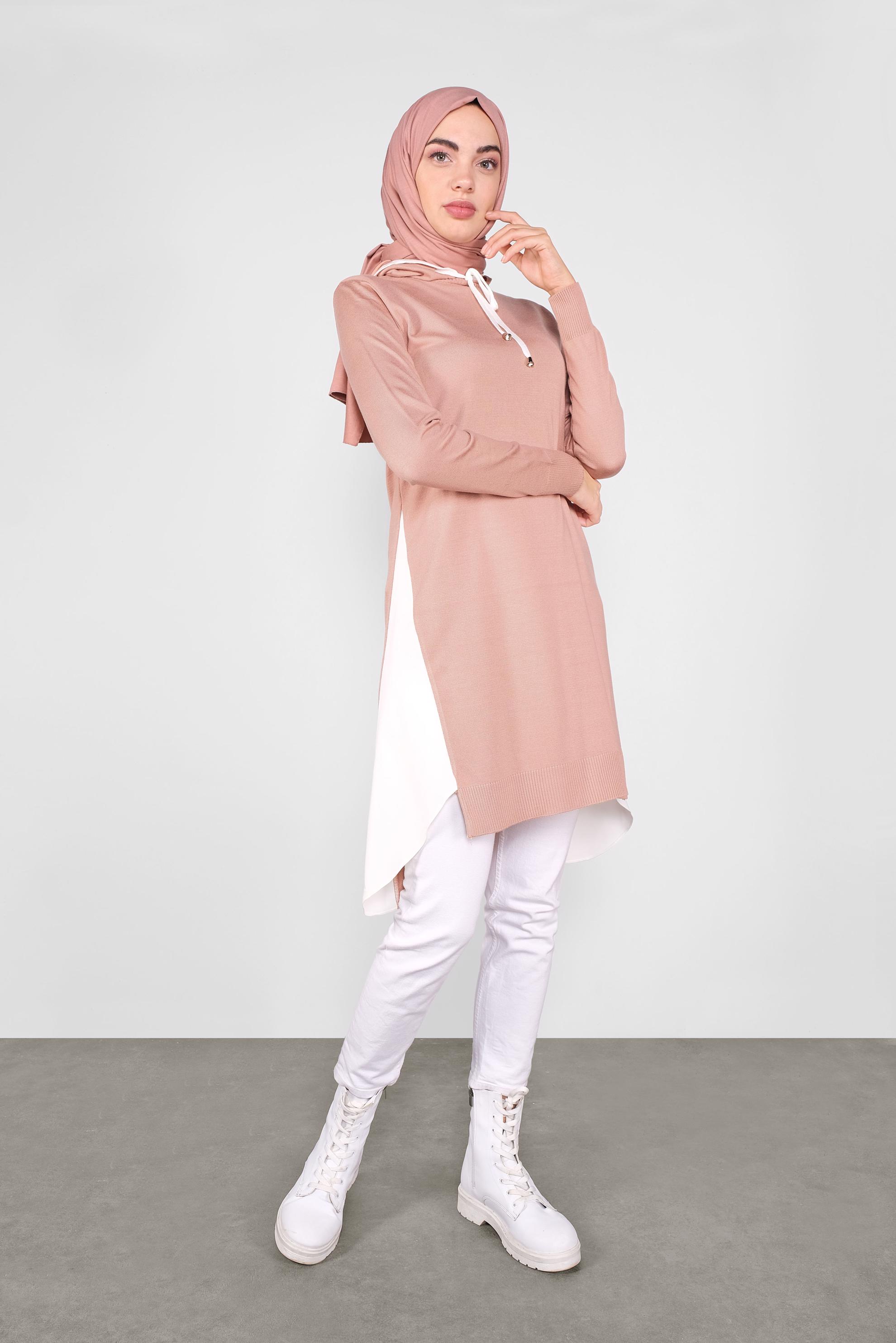 Tesettür giyim PUDRA GÖMLEK PARÇALI KAPÜŞONLU TRİKO TUNİK 41060