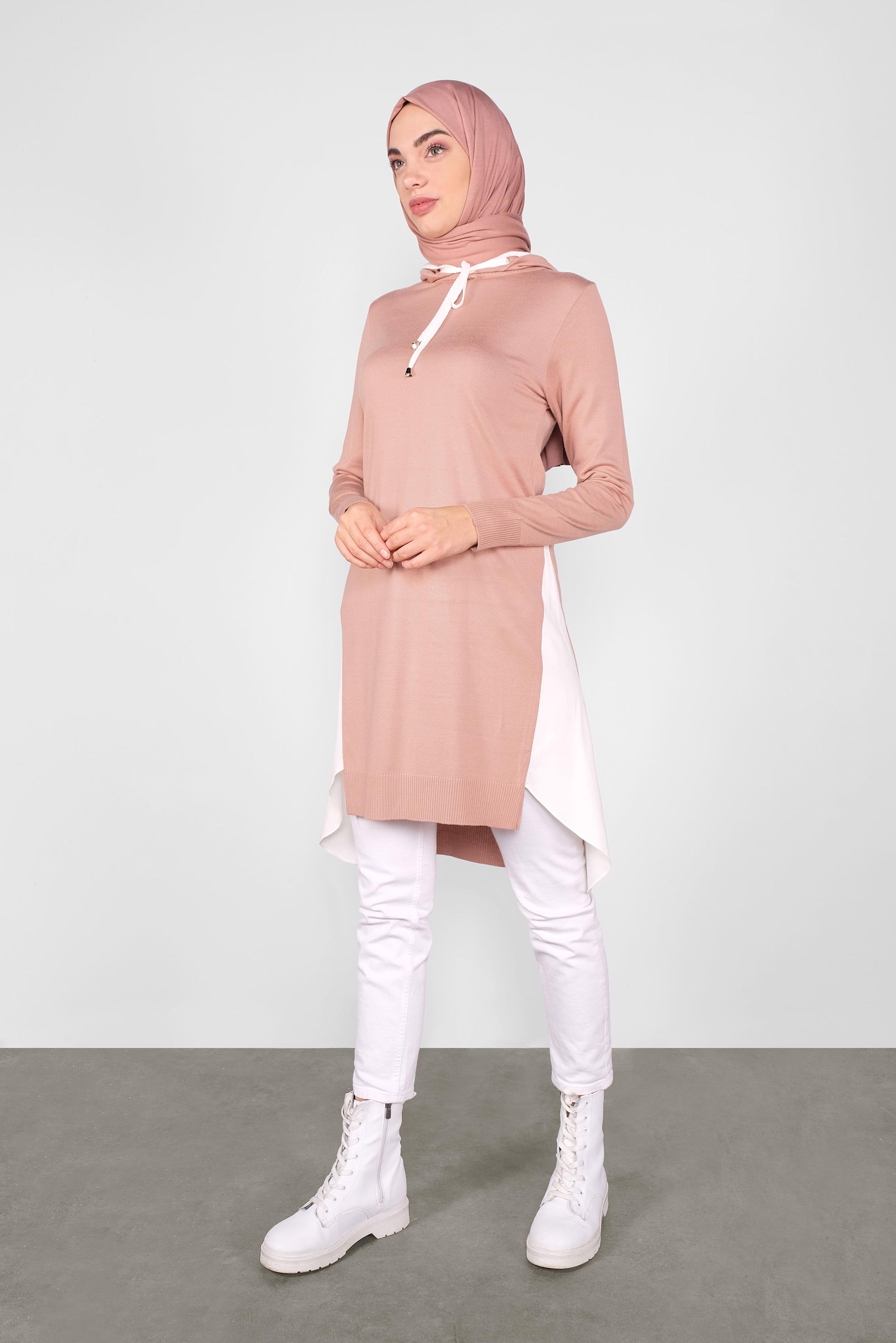 Tesettür giyim PUDRA GÖMLEK PARÇALI KAPÜŞONLU TRİKO TUNİK 41060