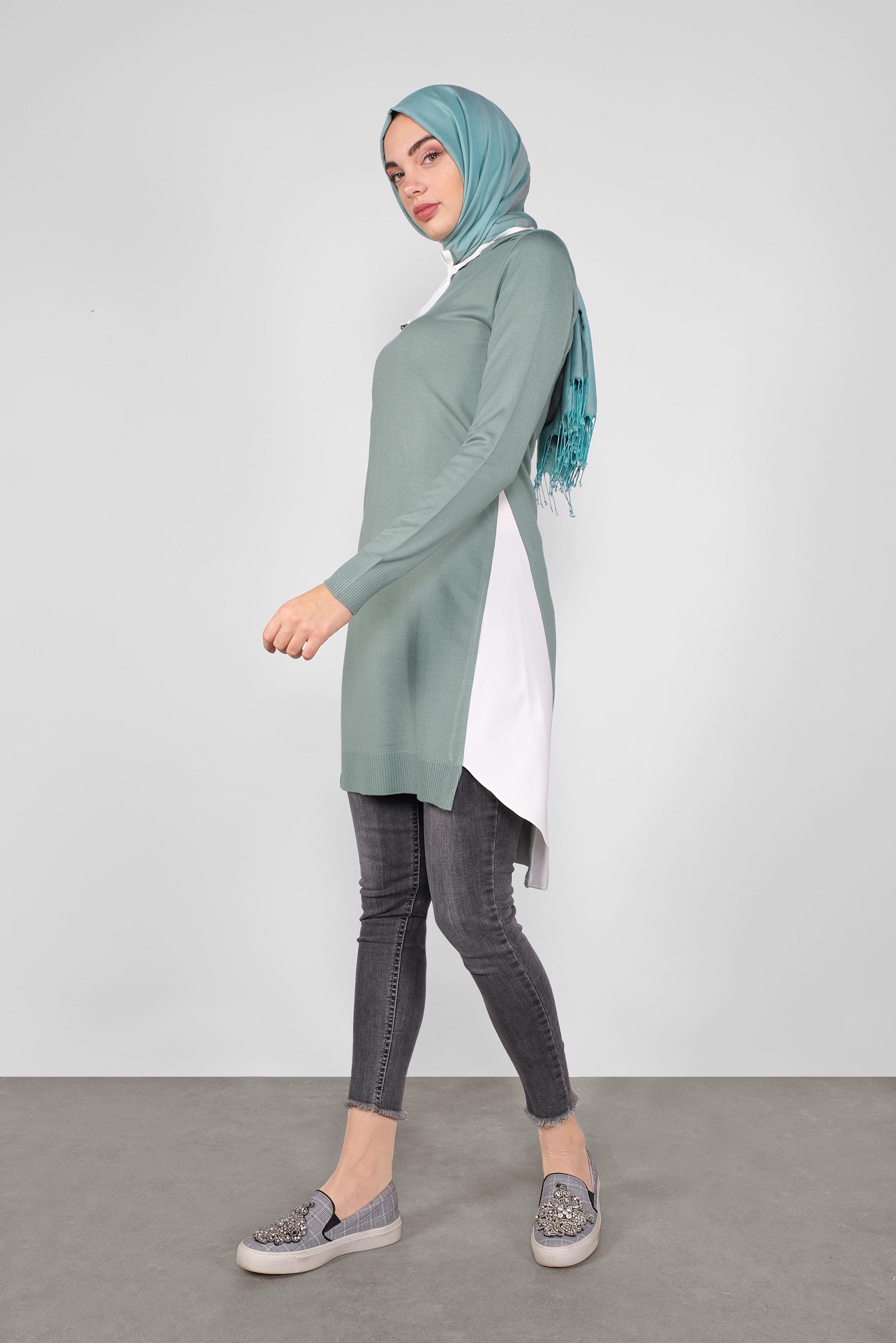 Tesettür giyim YEŞİL GÖMLEK PARÇALI KAPÜŞONLU TRİKO TUNİK 41060