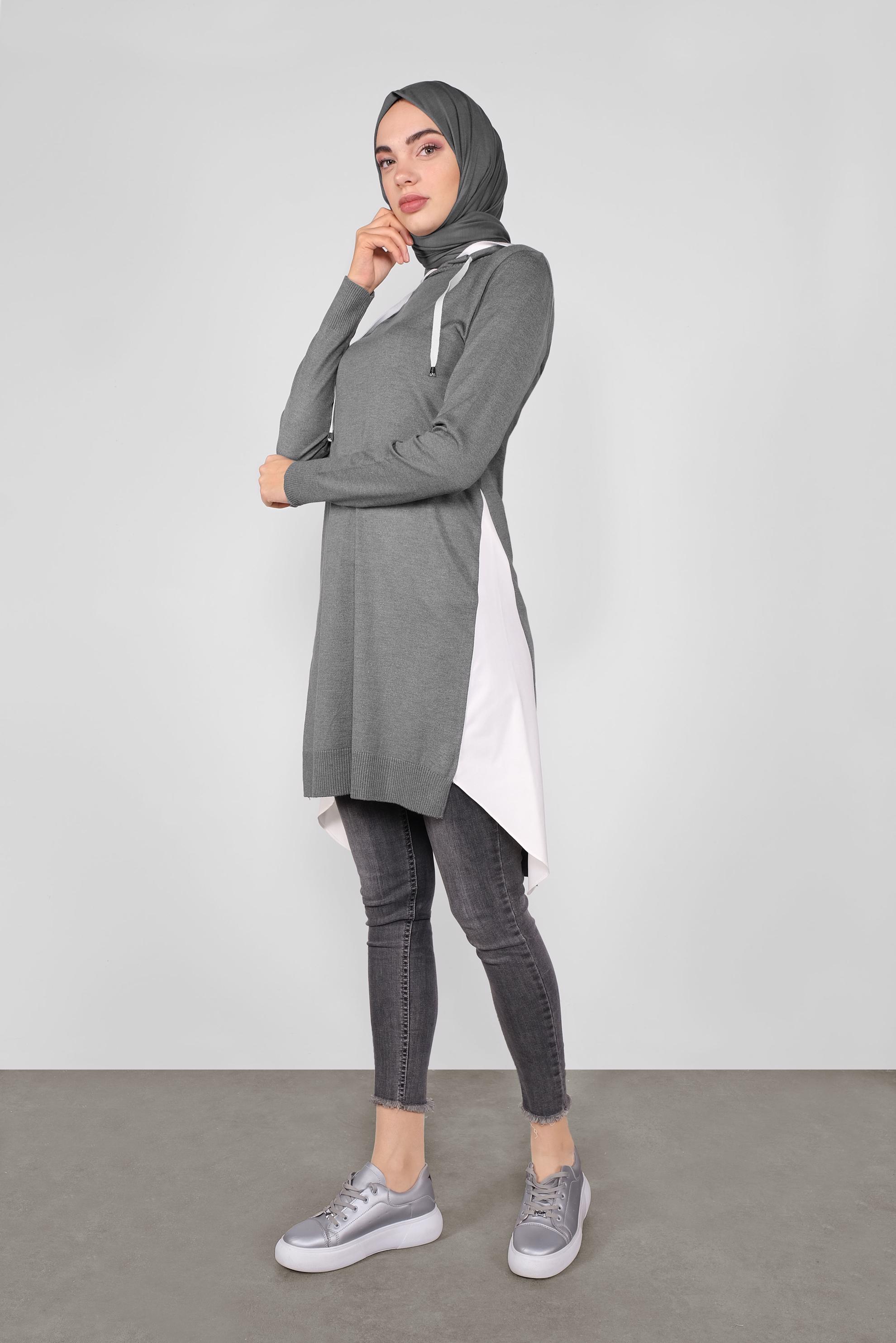 Tesettür giyim GRİ GÖMLEK PARÇALI KAPÜŞONLU TRİKO TUNİK 41060
