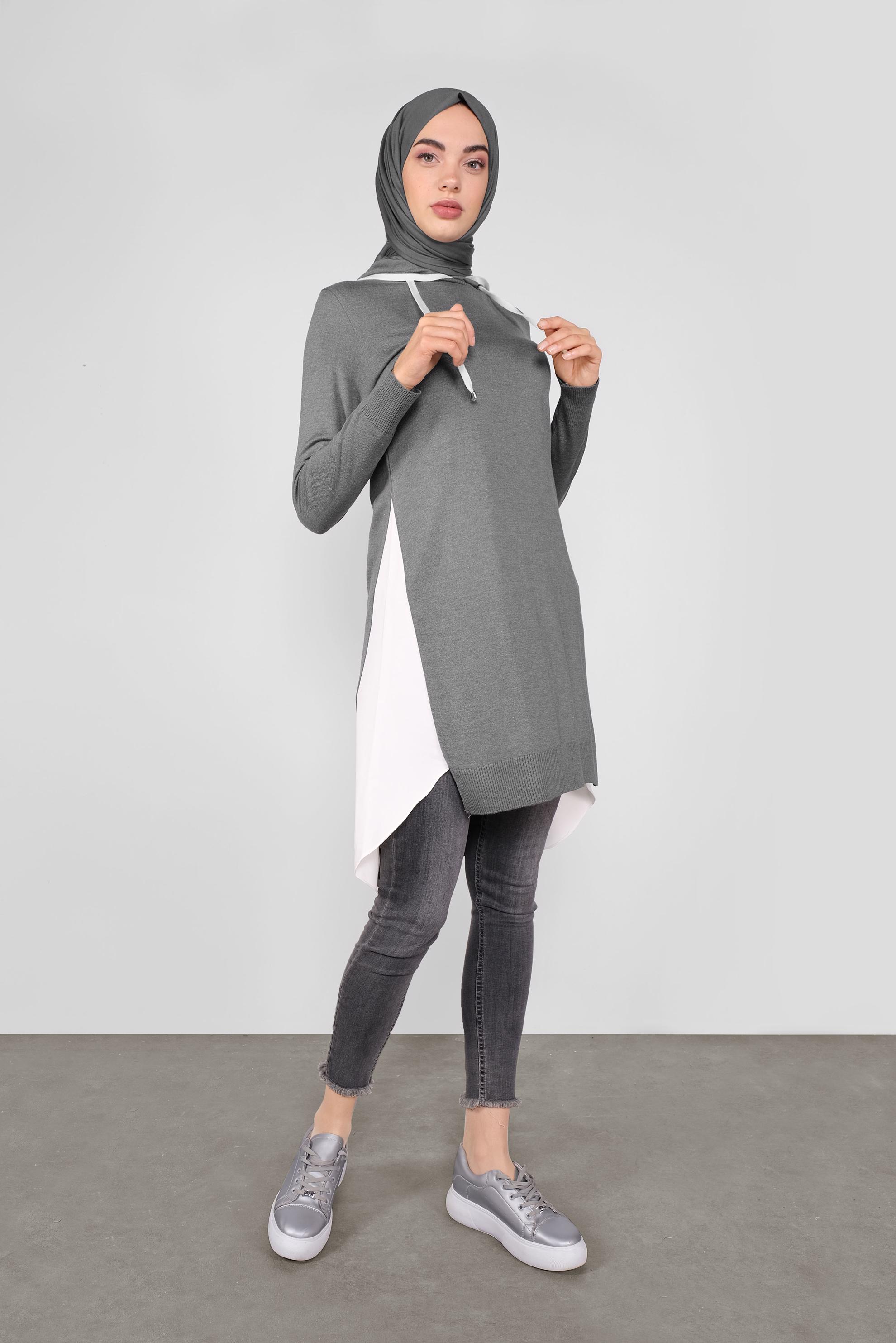 Tesettür giyim GRİ GÖMLEK PARÇALI KAPÜŞONLU TRİKO TUNİK 41060