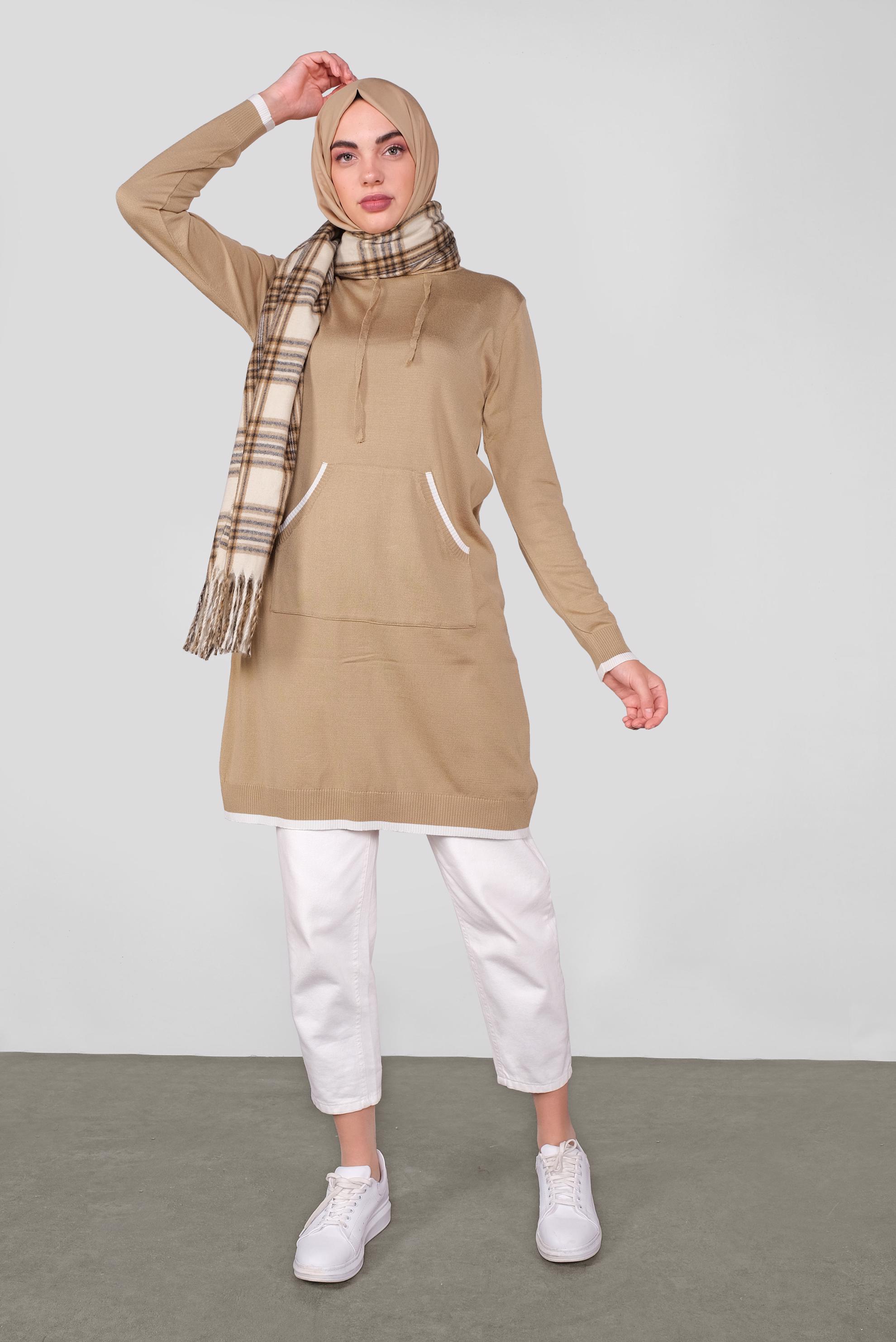 Tesettür giyim KAHVE CEPLİ KAPÜŞONLU TRİKO TUNİK 41061 