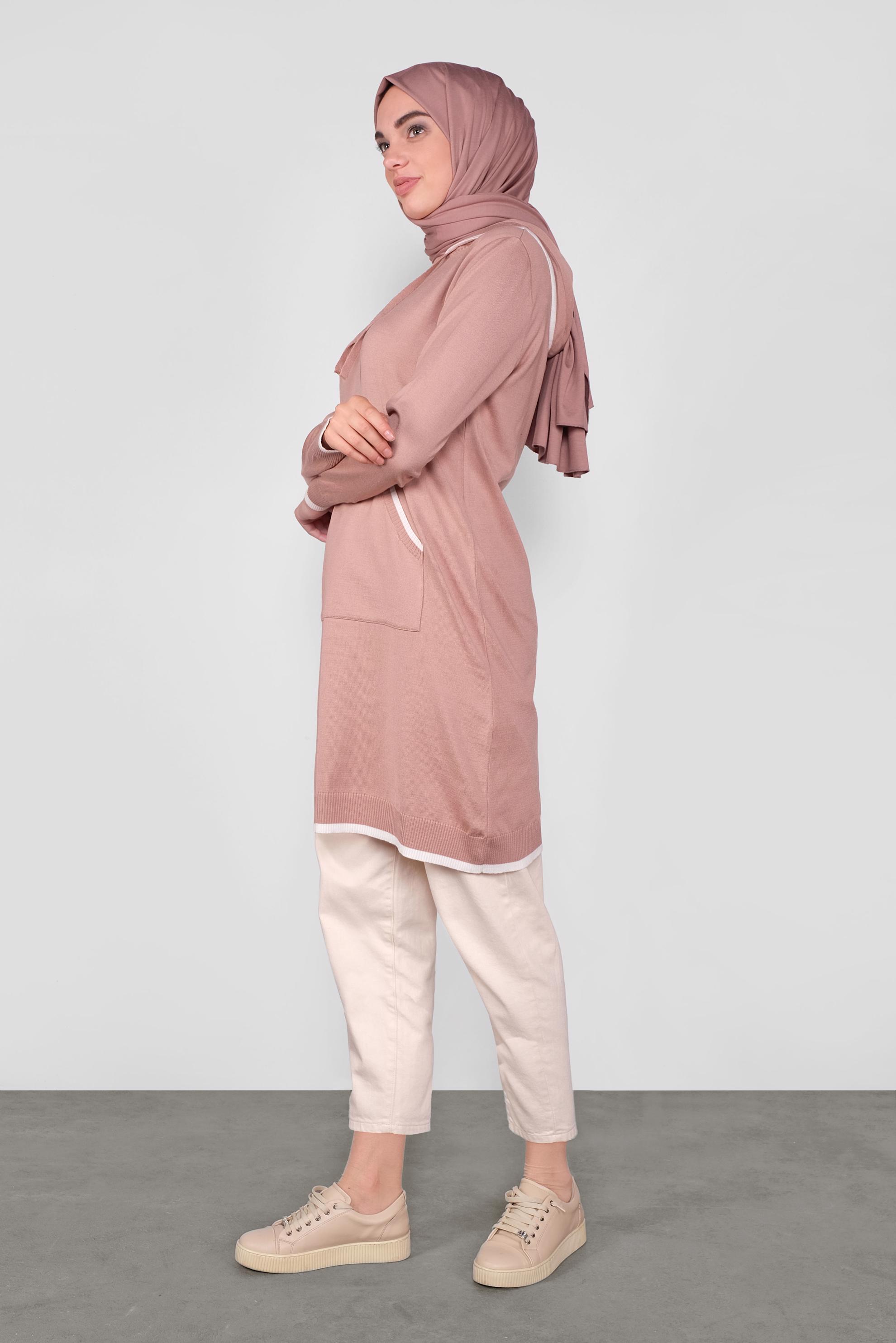 Tesettür giyim PUDRA CEPLİ KAPÜŞONLU TRİKO TUNİK 41061 