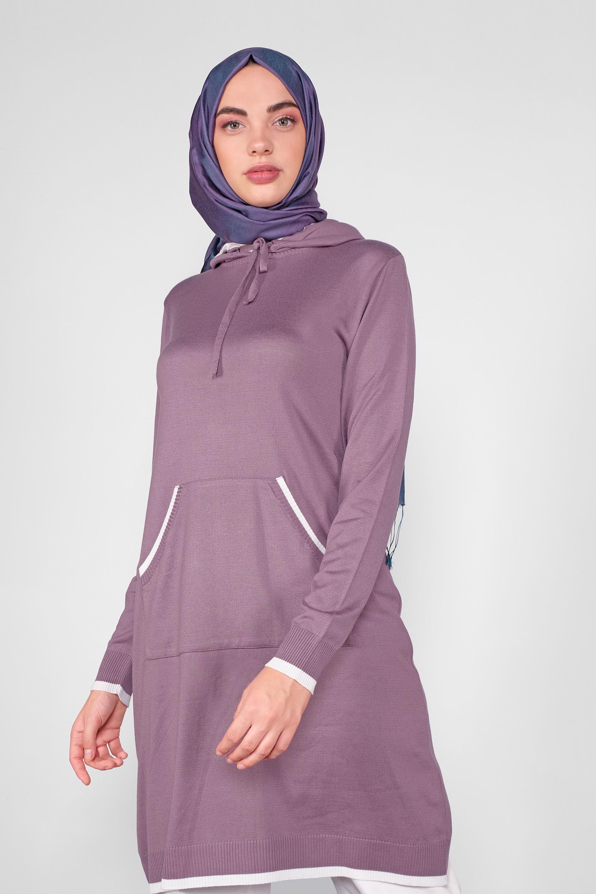 Tesettür giyim MOR CEPLİ KAPÜŞONLU TRİKO TUNİK 41061 
