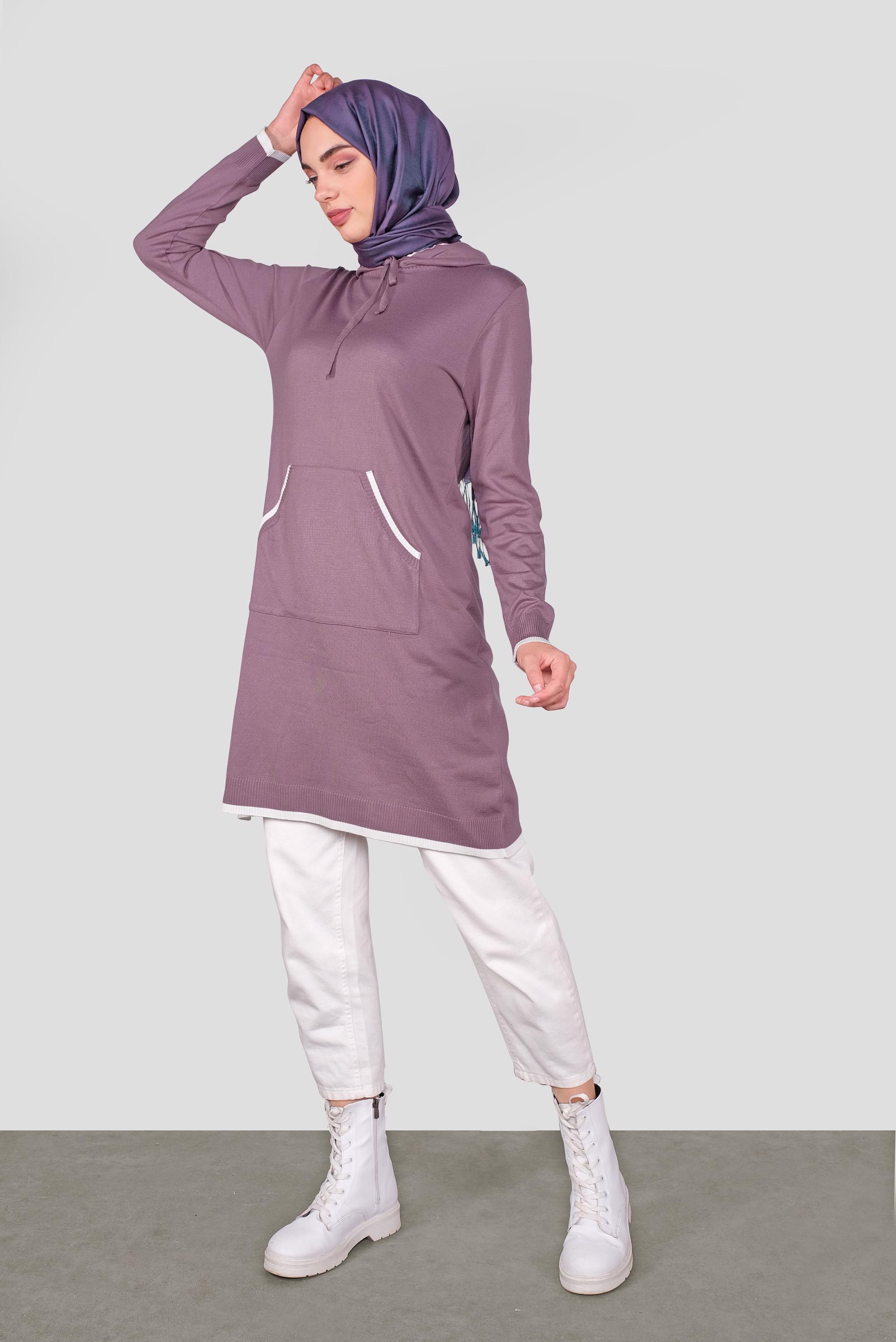 Tesettür giyim MOR CEPLİ KAPÜŞONLU TRİKO TUNİK 41061 